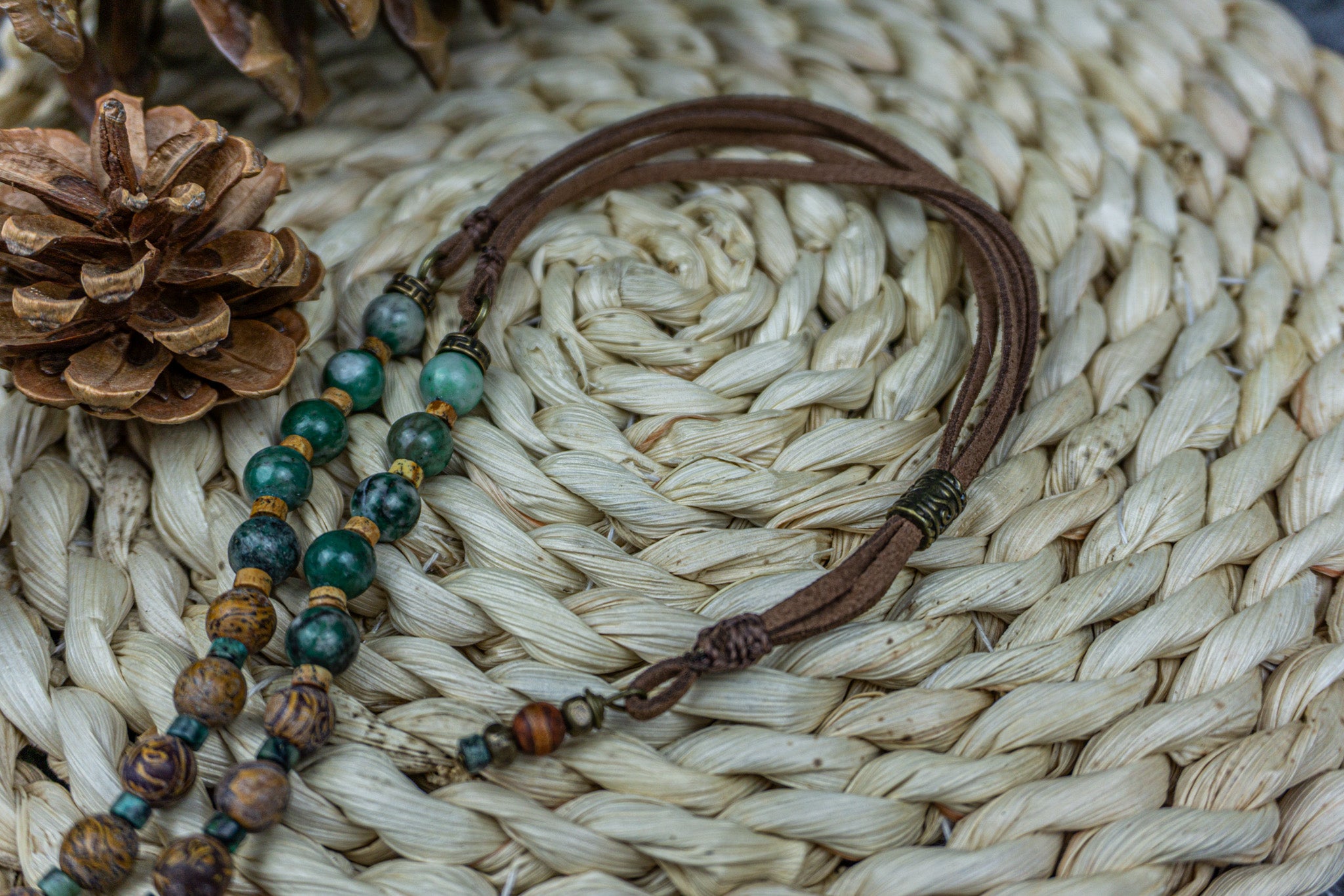 necklace made of leather with jade, jasper and a third eye tibetan agate pendant- wander jewellery