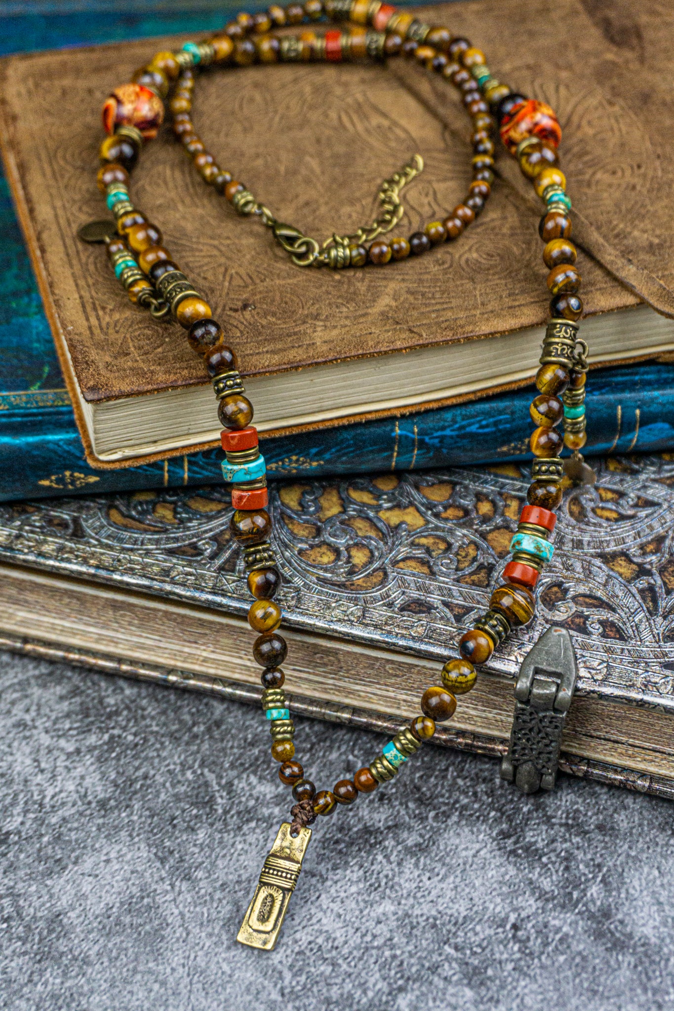 tiger eye, red jasper and turquoise beaded pendant necklace - wander jewellery