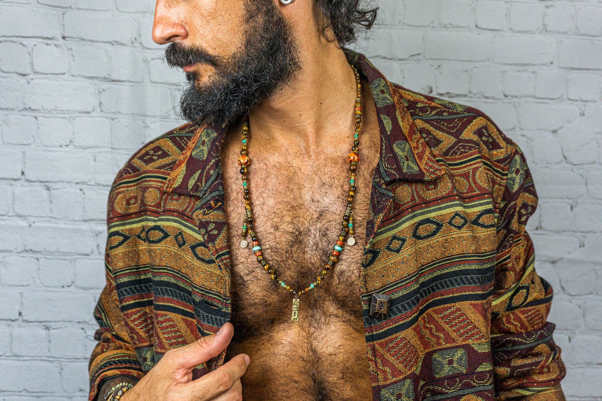 mens tiger eye, red jasper and turquoise beaded charm necklace - wander jewellery