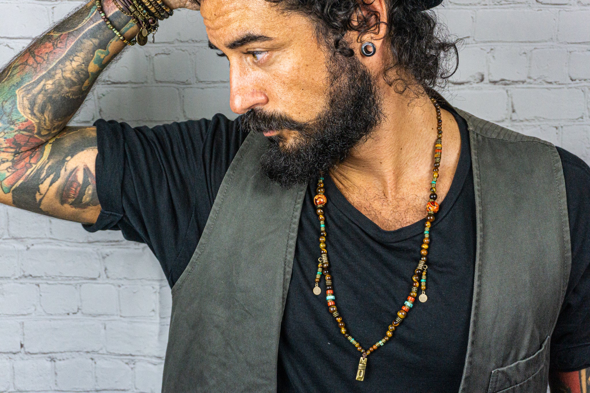 mens tiger eye, red jasper and turquoise beaded pendant necklace - wander jewellery