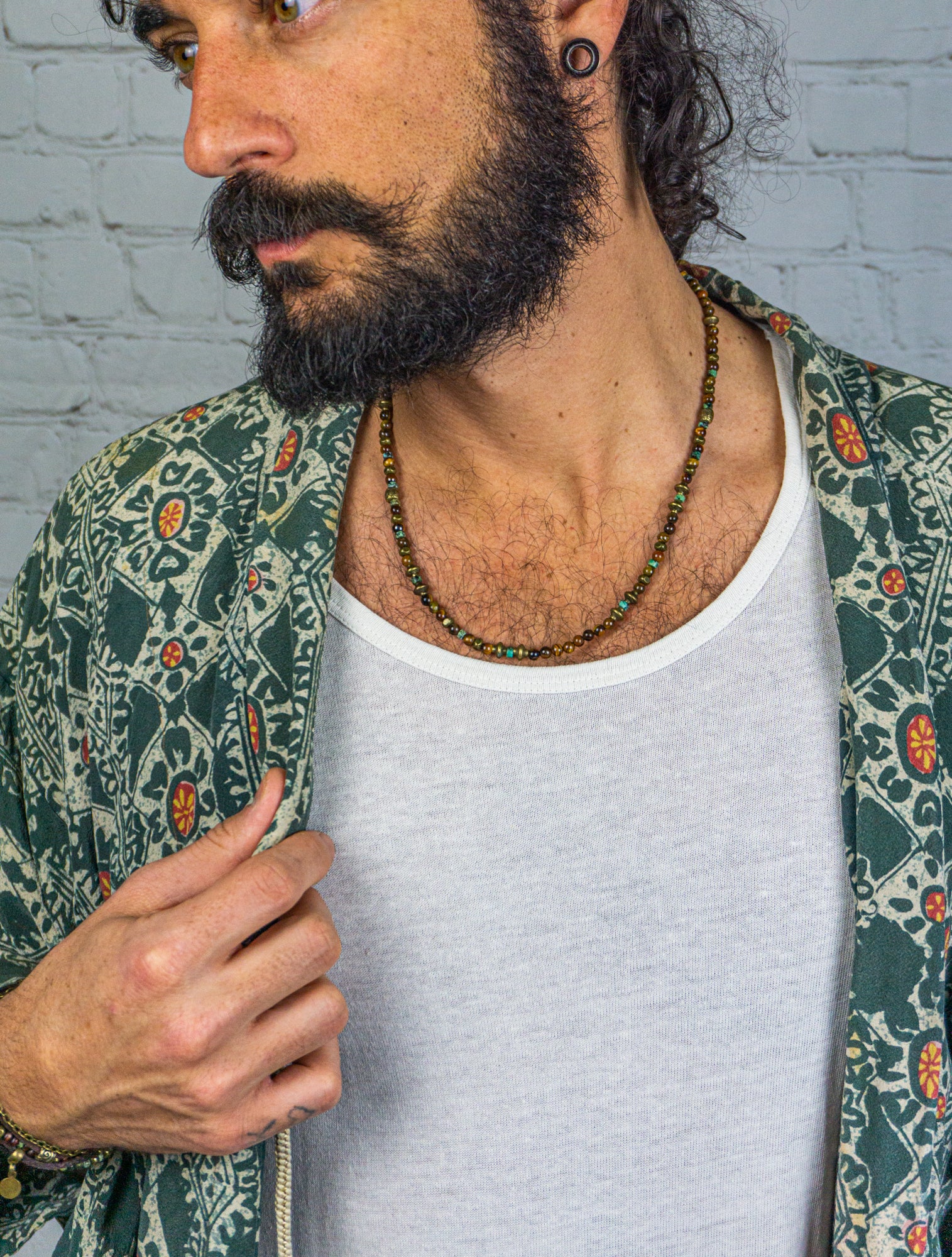 mens tiger eye boho chich beaded necklace- wander jewellery