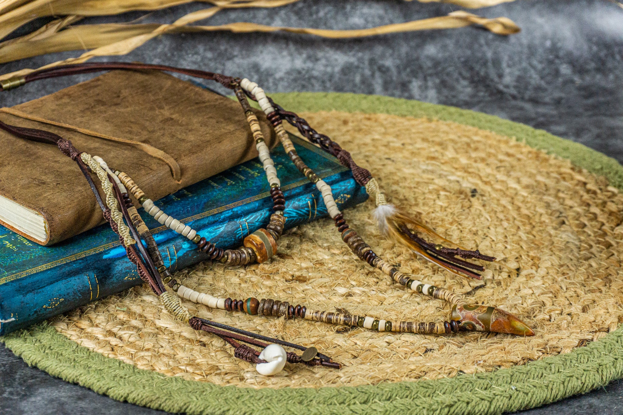 leather coconut and wood long layered pendant necklace set with dangling charms- wander jewellery