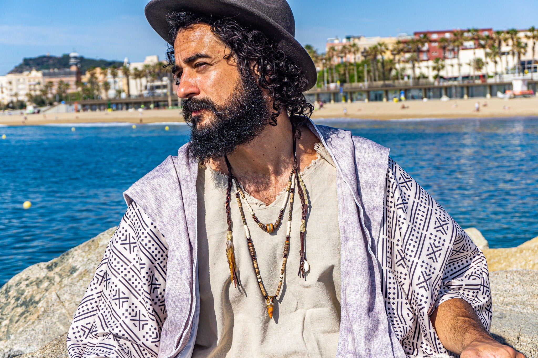 mens leather coconut and wood long layered pendant necklace set with charms and feather- wander jewellery