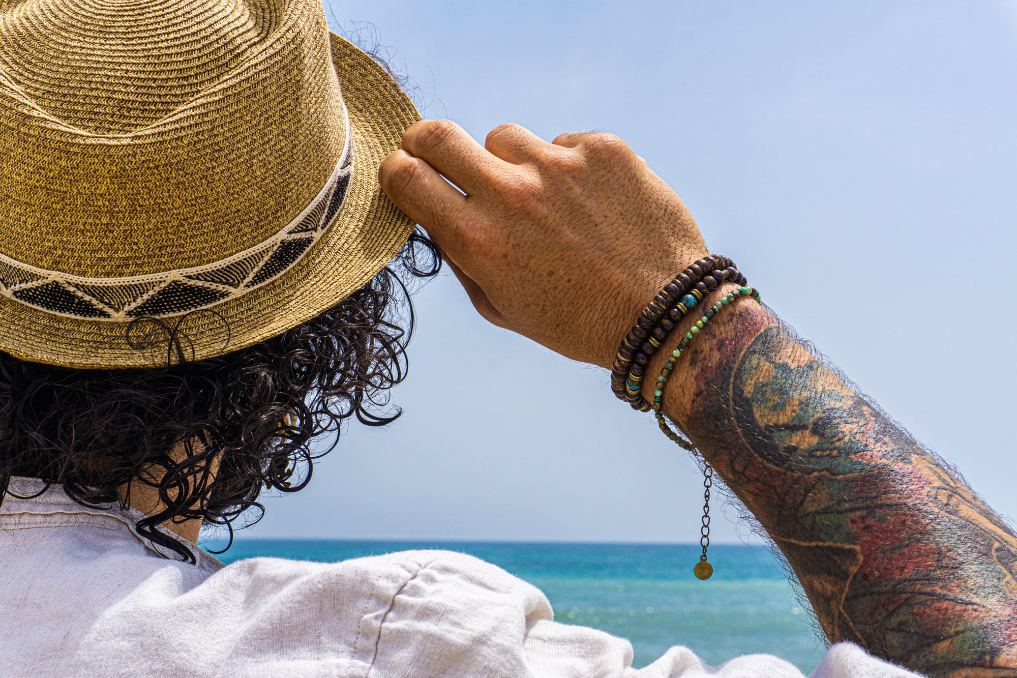 mens triple bracelet set made of coconut shell, wooden beads, ocean jasper and African turquoise stones- wander jewellery