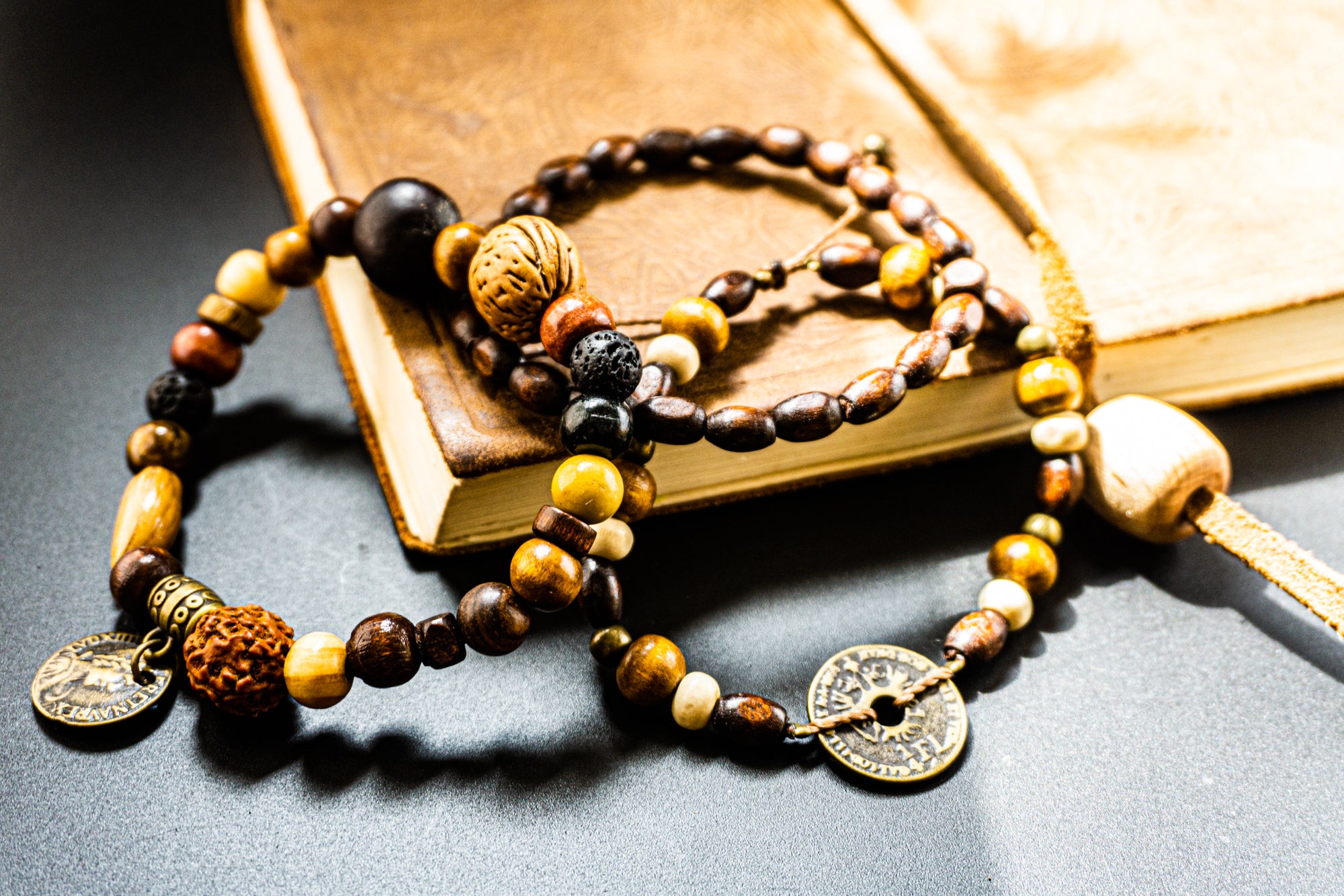 wooden beaded bracelet set of 3 with charm coin- wander jewellery