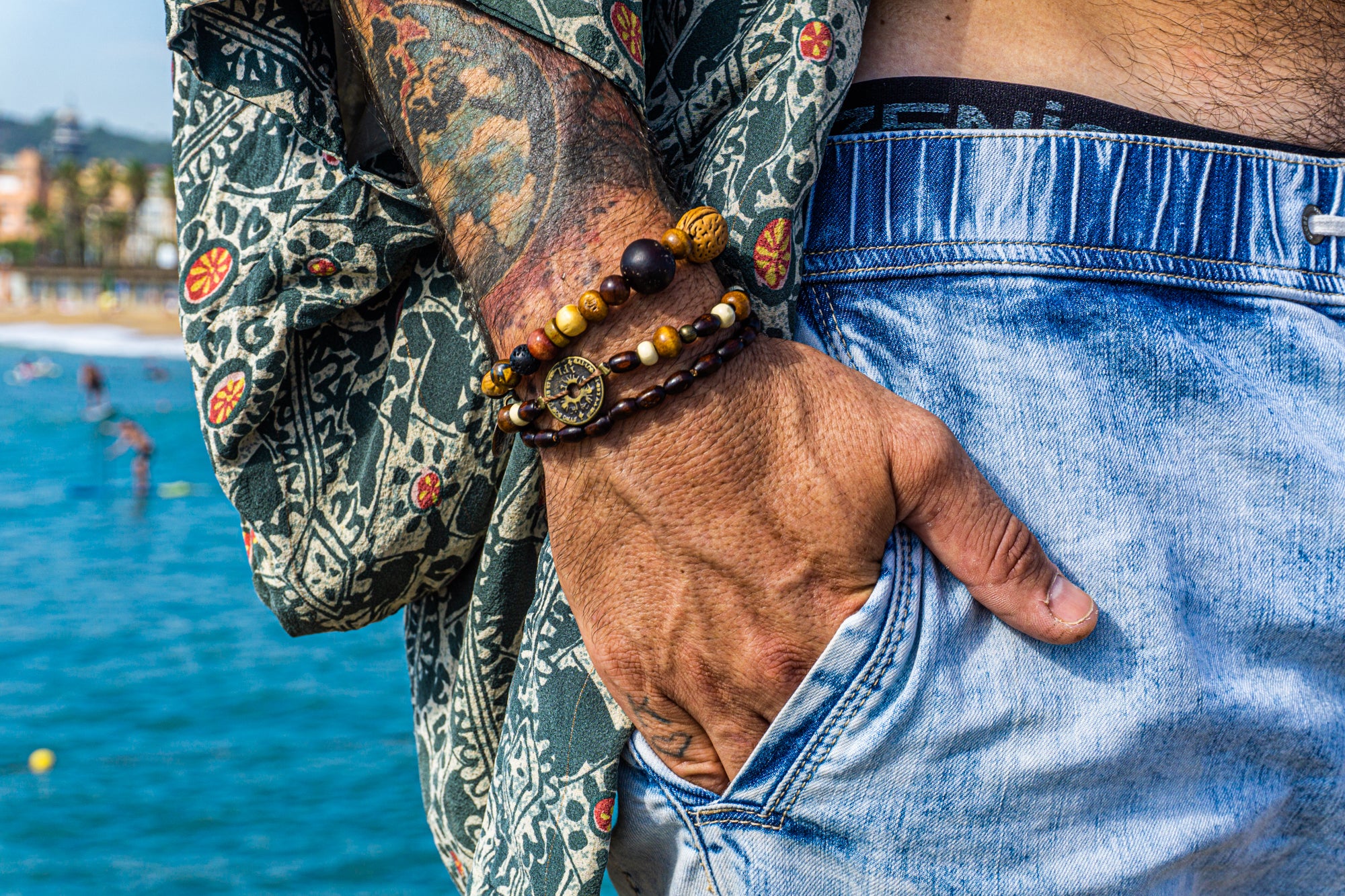 mens triple wooden beaded bracelet set with bronze coin- wander jewellery