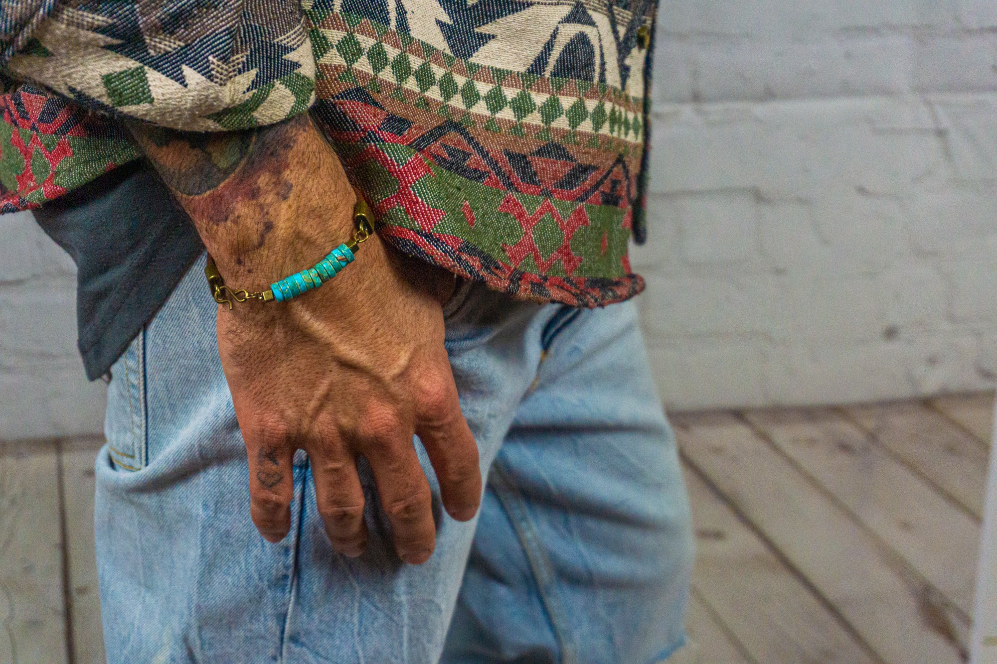 mens leather bracelet with the front part made of turquoise heishi gemstone beads- wander jewellery