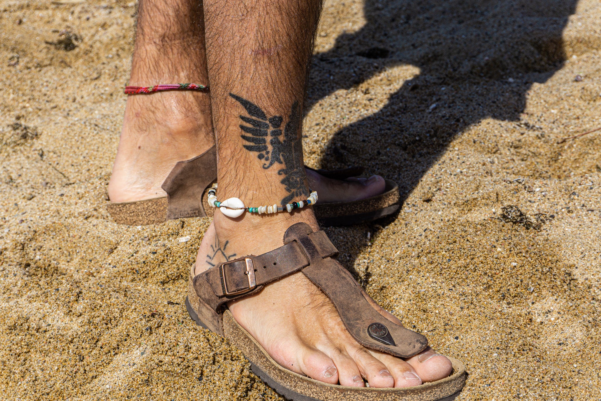 mens white coral chips anklet with green jasper and a cowrie shell- wander jewellery