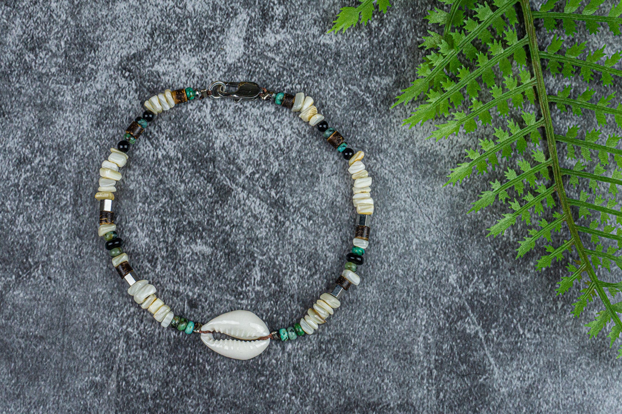 white coral chips anklet with jasper gemstone and a cowrie shell- wander jewellery