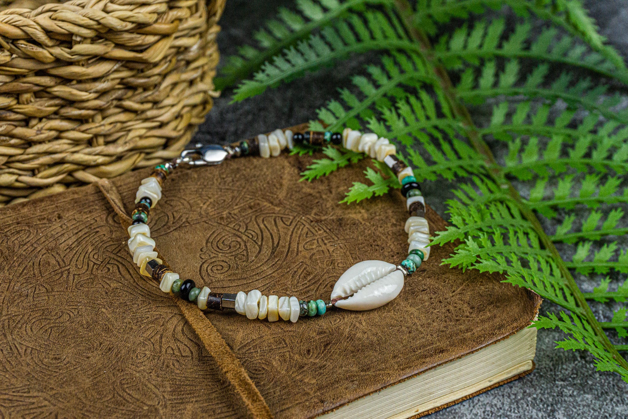 white coral chips anklet with green jasper gemstone and a cowrie shell- wander jewellery
