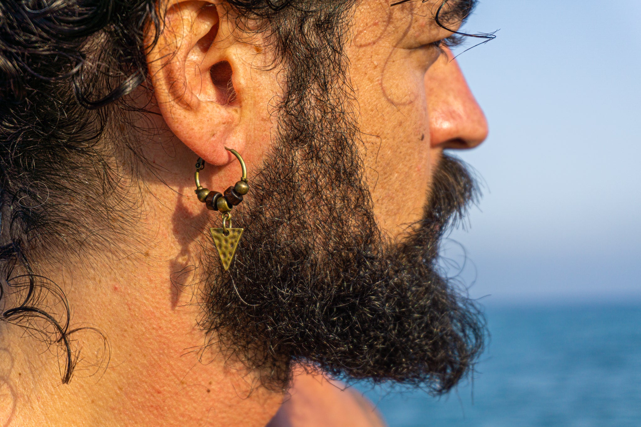 mens hoop brass wood beaded triangle dangle earring- wander jewellery