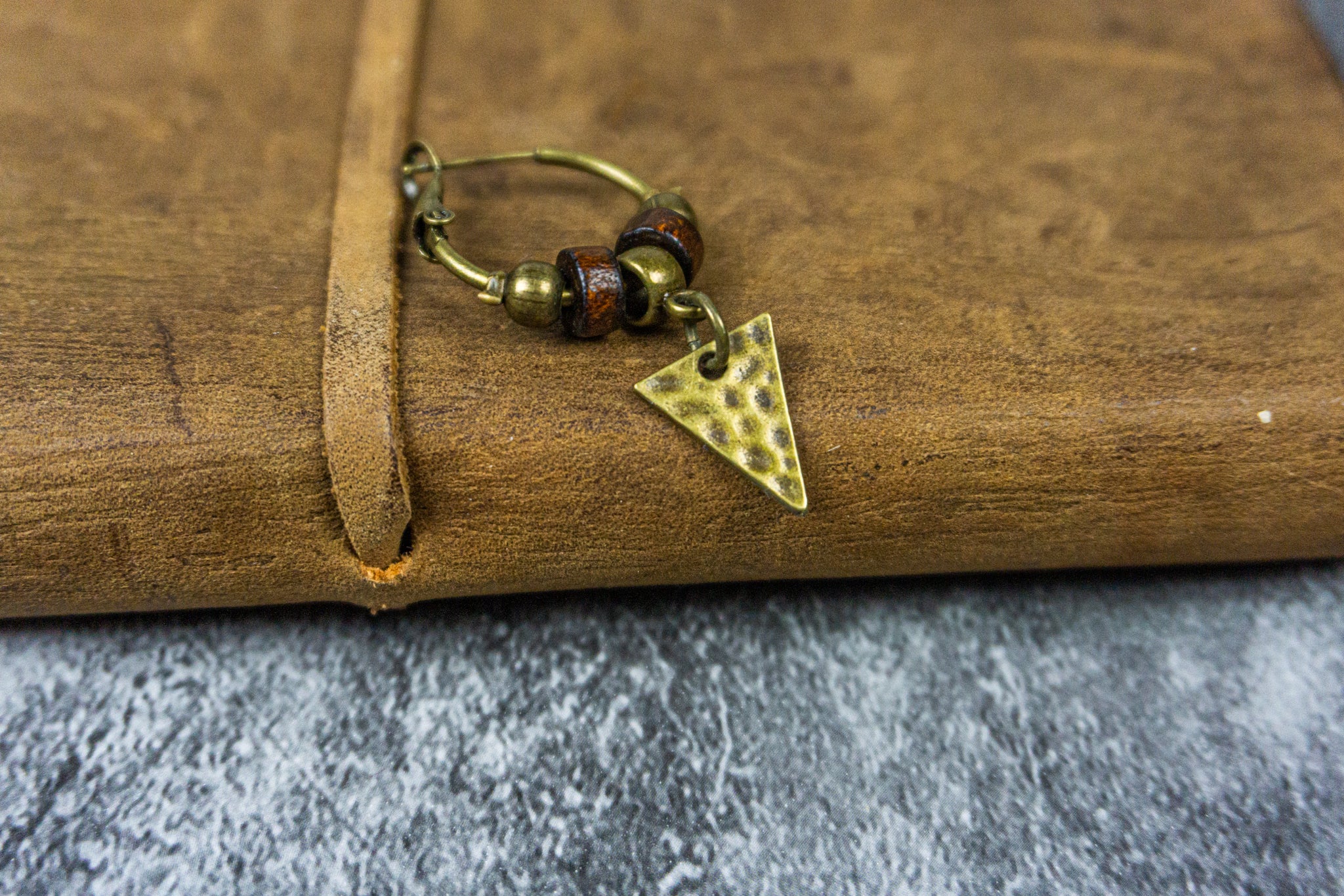 brass wood beaded hammered triangle dangle earring- wander jewellery