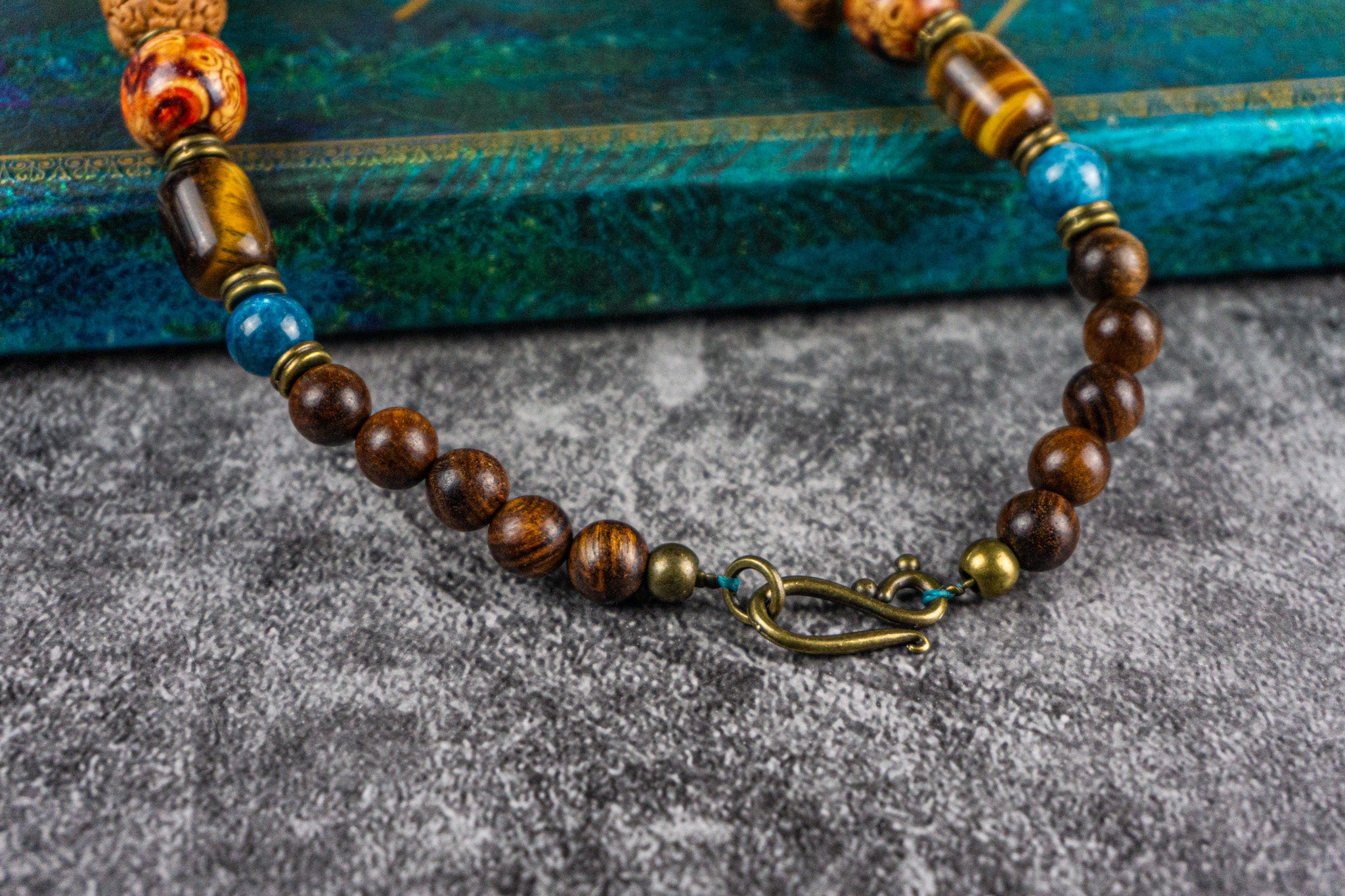 necklace made of wood rudraksha seeds, agate , tiger eye and blue apatite gemstone beads- wander jewellery