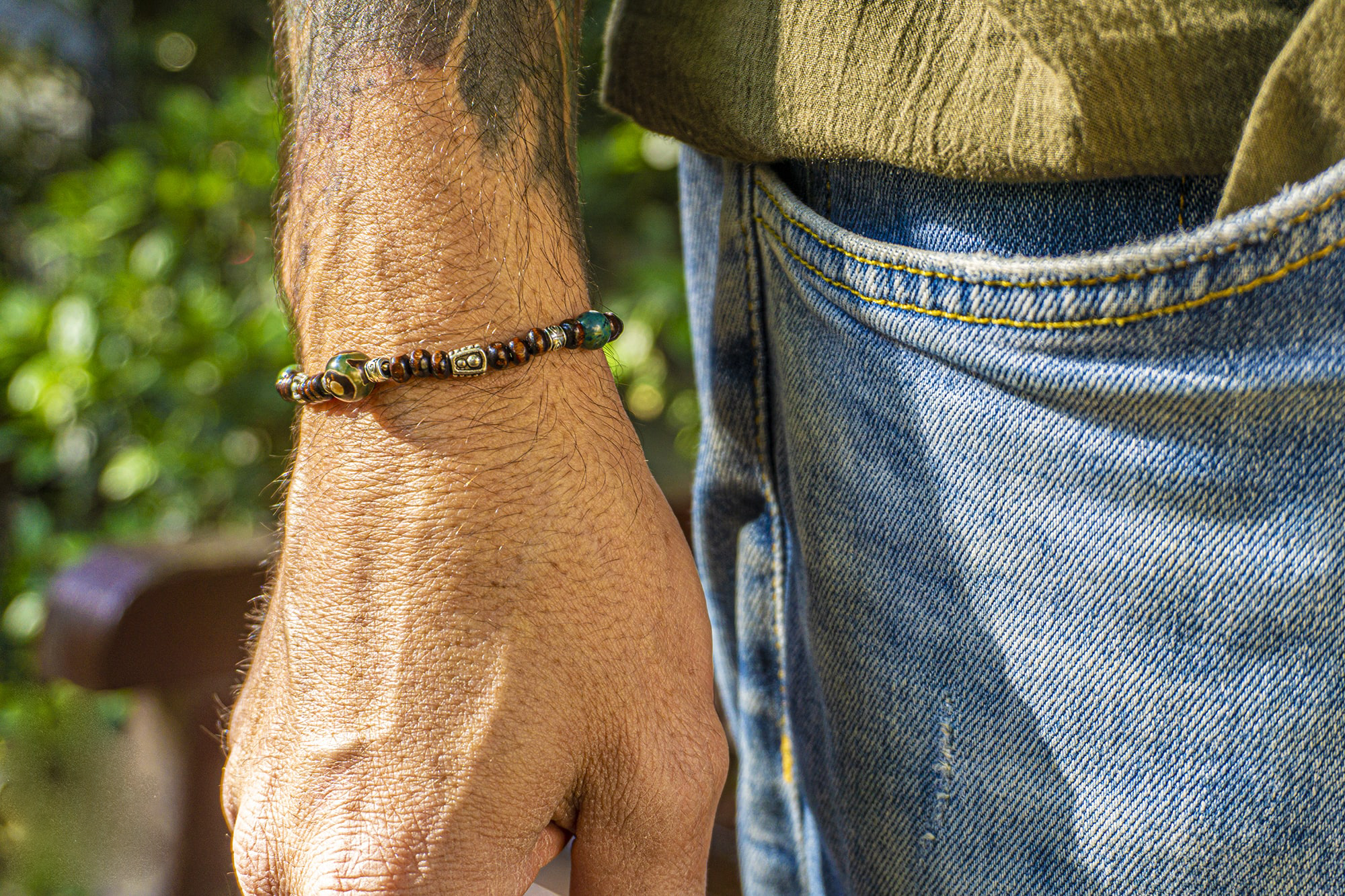 mens wooden bead and jade gemstone stretchy bracelet- wander jewellery