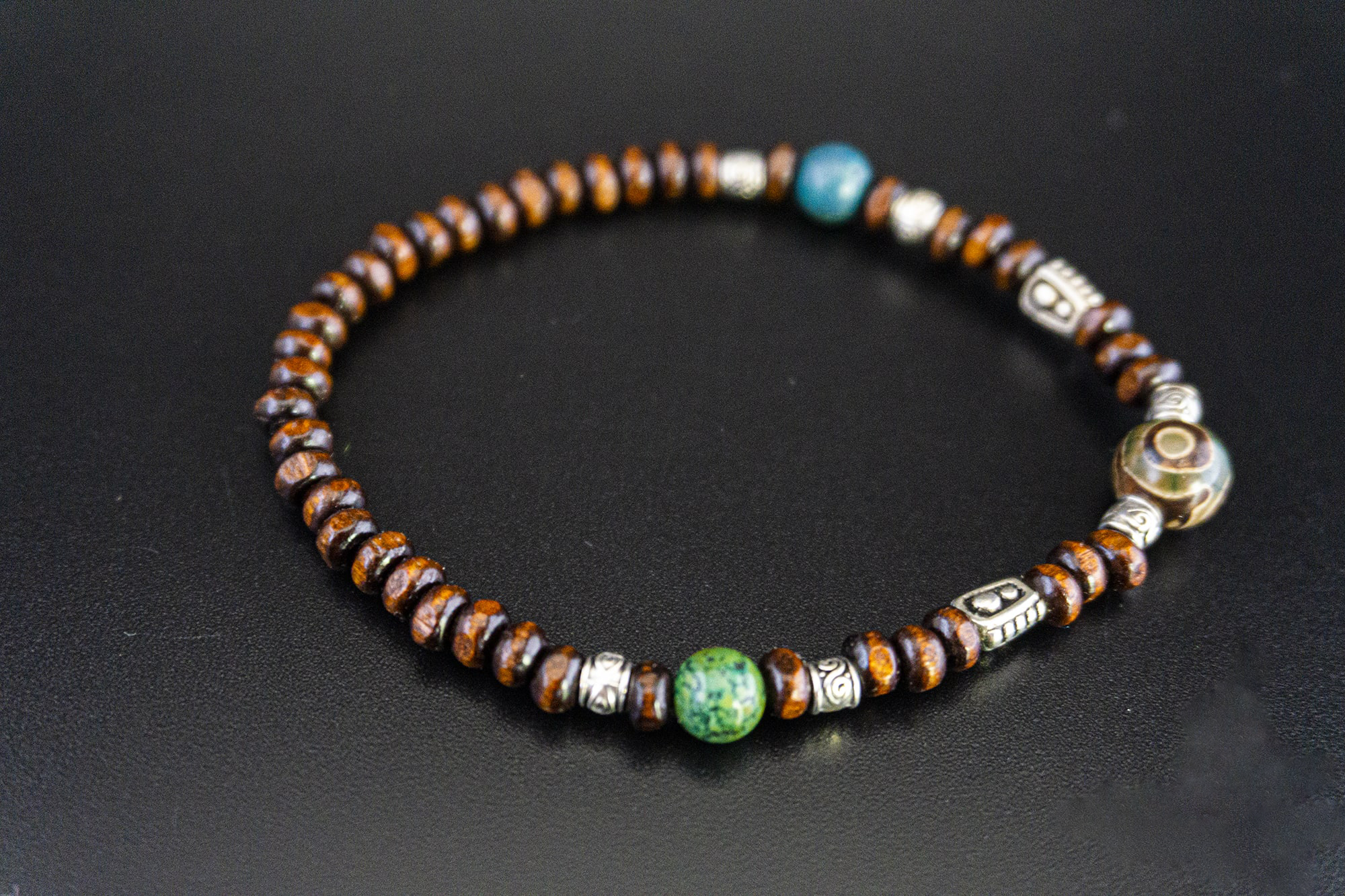wooden beaded and gemstone stretchy bracelet- wander jewellery