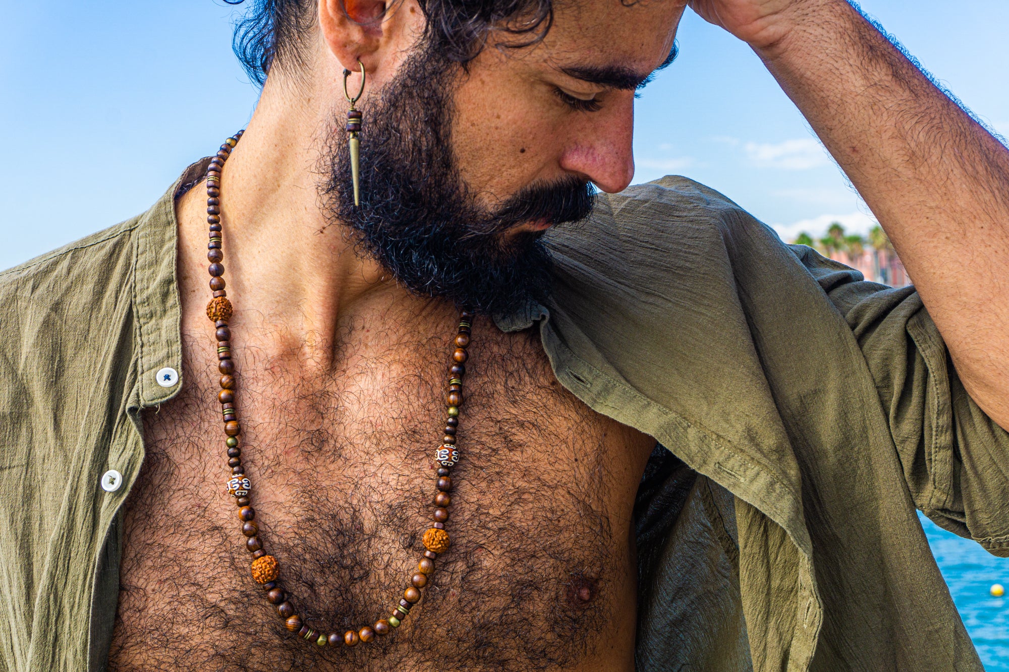 long wooden beaded necklace for men with rudraksha seeds- wander jewellery