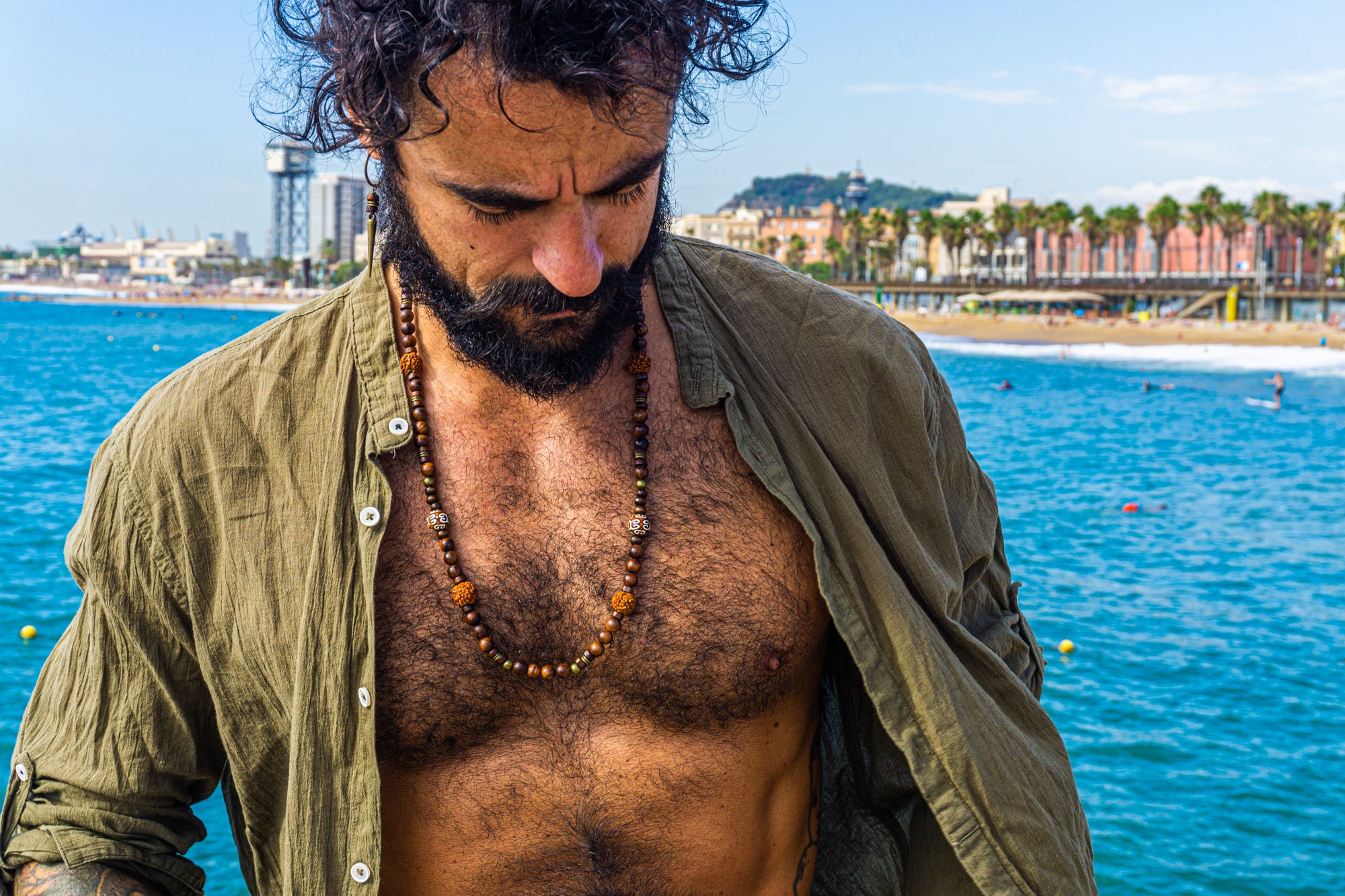 wooden beaded necklace for men with rudraksha seeds and bronze details- wander jewellery