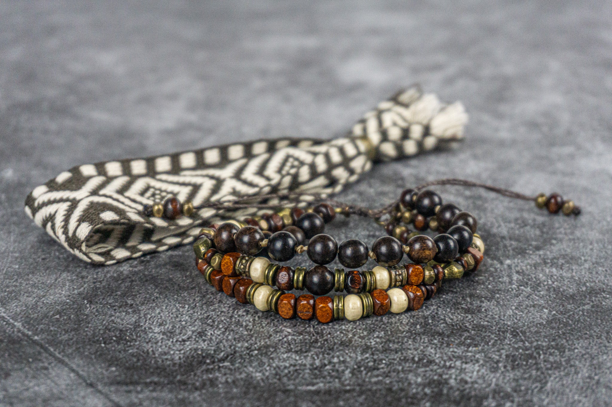 wooden beaded triple bracelet set with tribal cuff fabric bracelet- wander jewellery