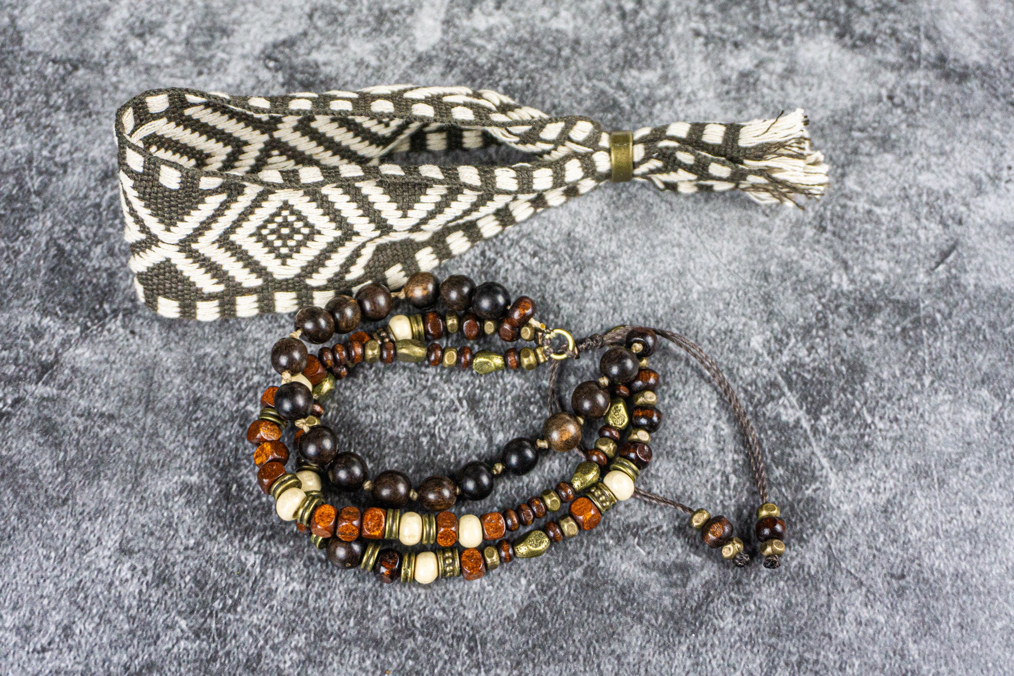 wooden beaded triple bracelet set with tribal cuff cotton bracelet- wander jewellery