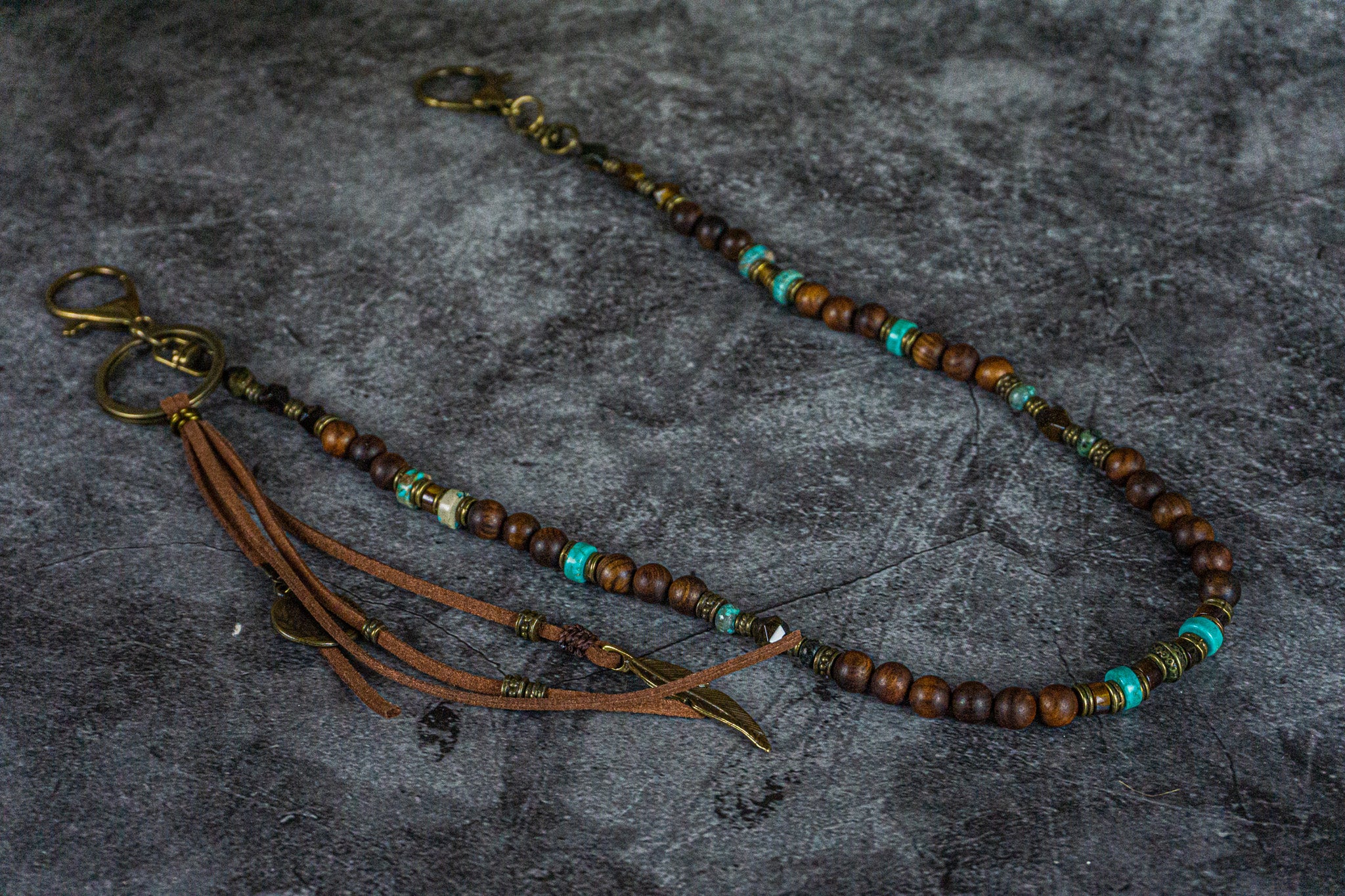 wooden bead pants keychain with gemstones and leather fringes with charms- wander jewellery