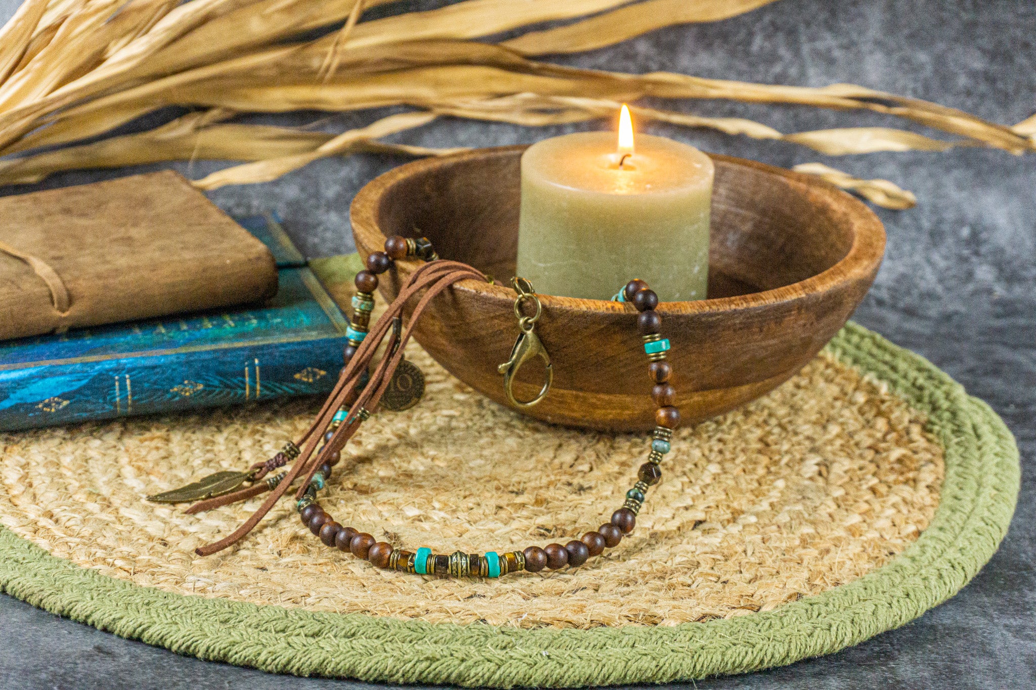 wooden bead pants keychain with turquoise, and tiger eye gemstones and leather fringes with charms- wander jewellery
