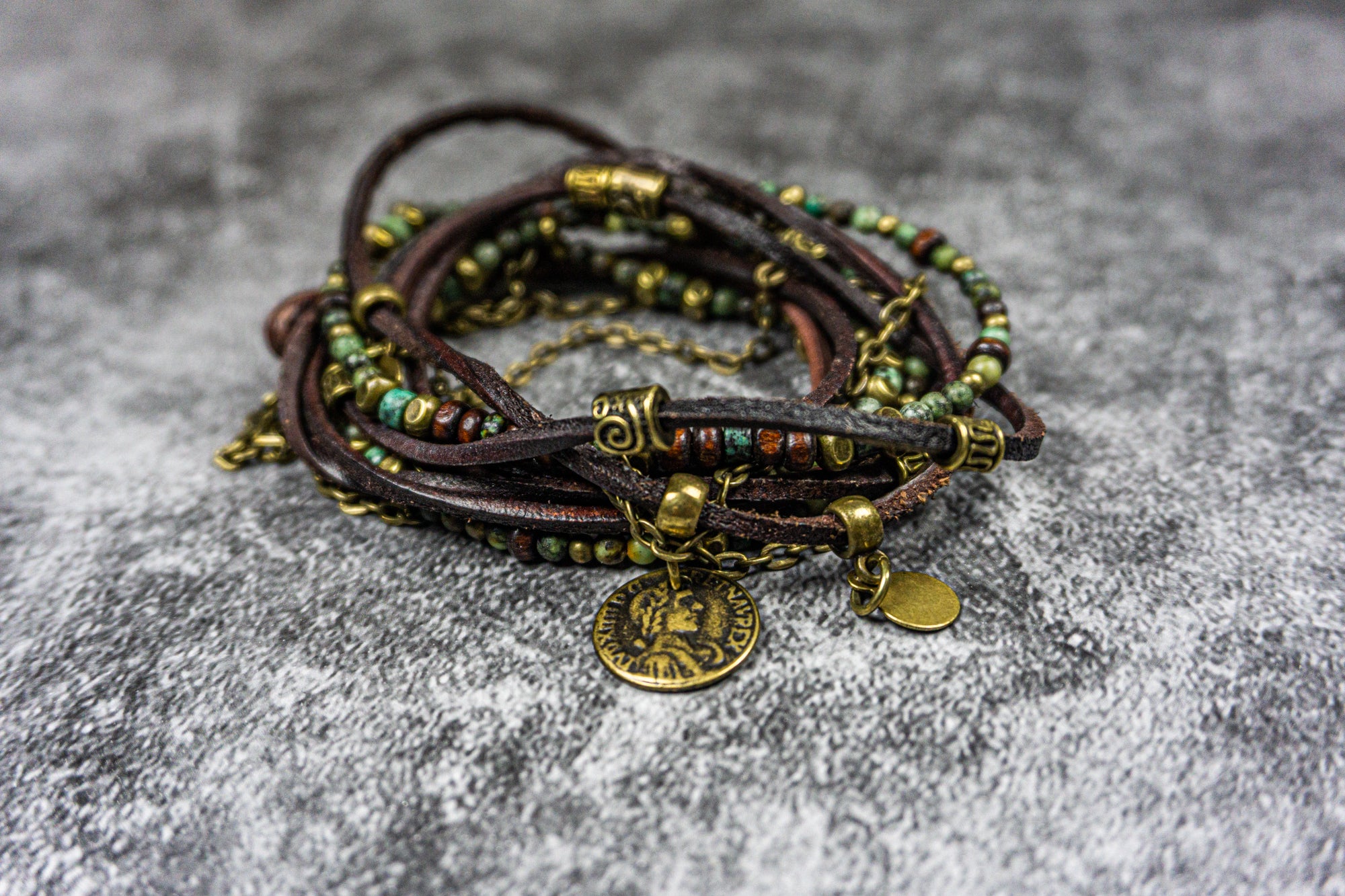 mens african turquoise gemstone and wood , chain wrap bracelet with brass charms- wander jewellery