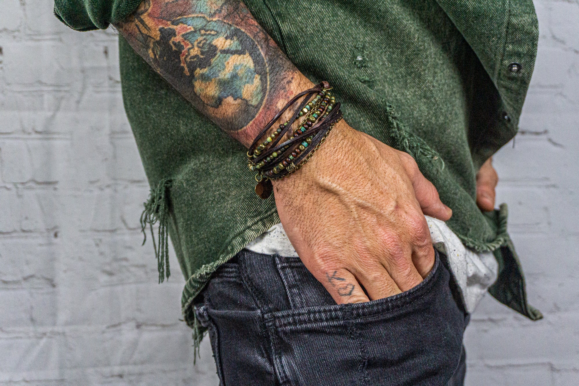 mens african turquoise gemstone and wood , chain wrap leather bracelet with charms- wander jewellery
