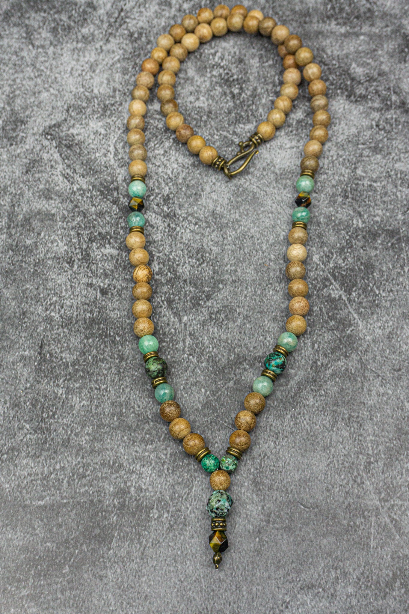 camphor wood, amazonite, jasper and tiger eye gemstone beaded boho tibetan necklace