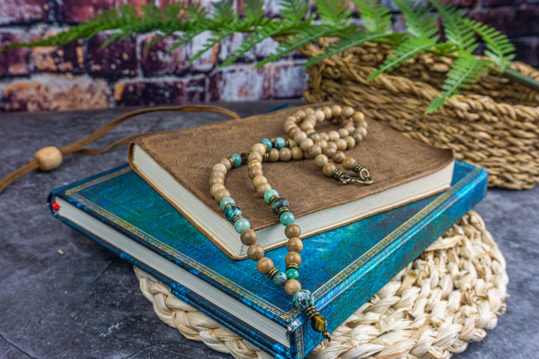 mens camphor wood, amazonite, jasper and tiger eye gemstone beaded boho tibetan necklace