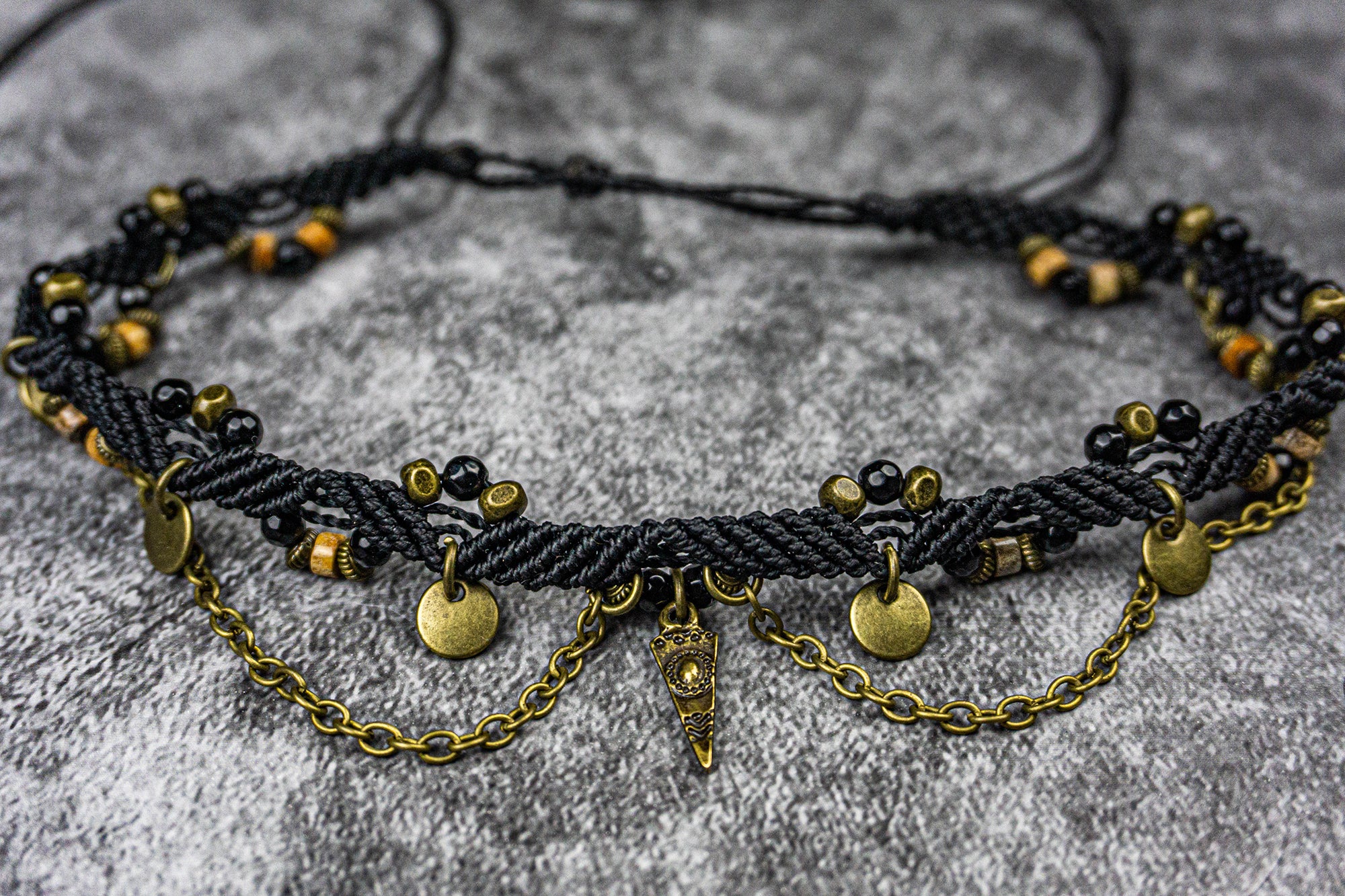 black woven adjustable necklace with jasper and onyx gemstones