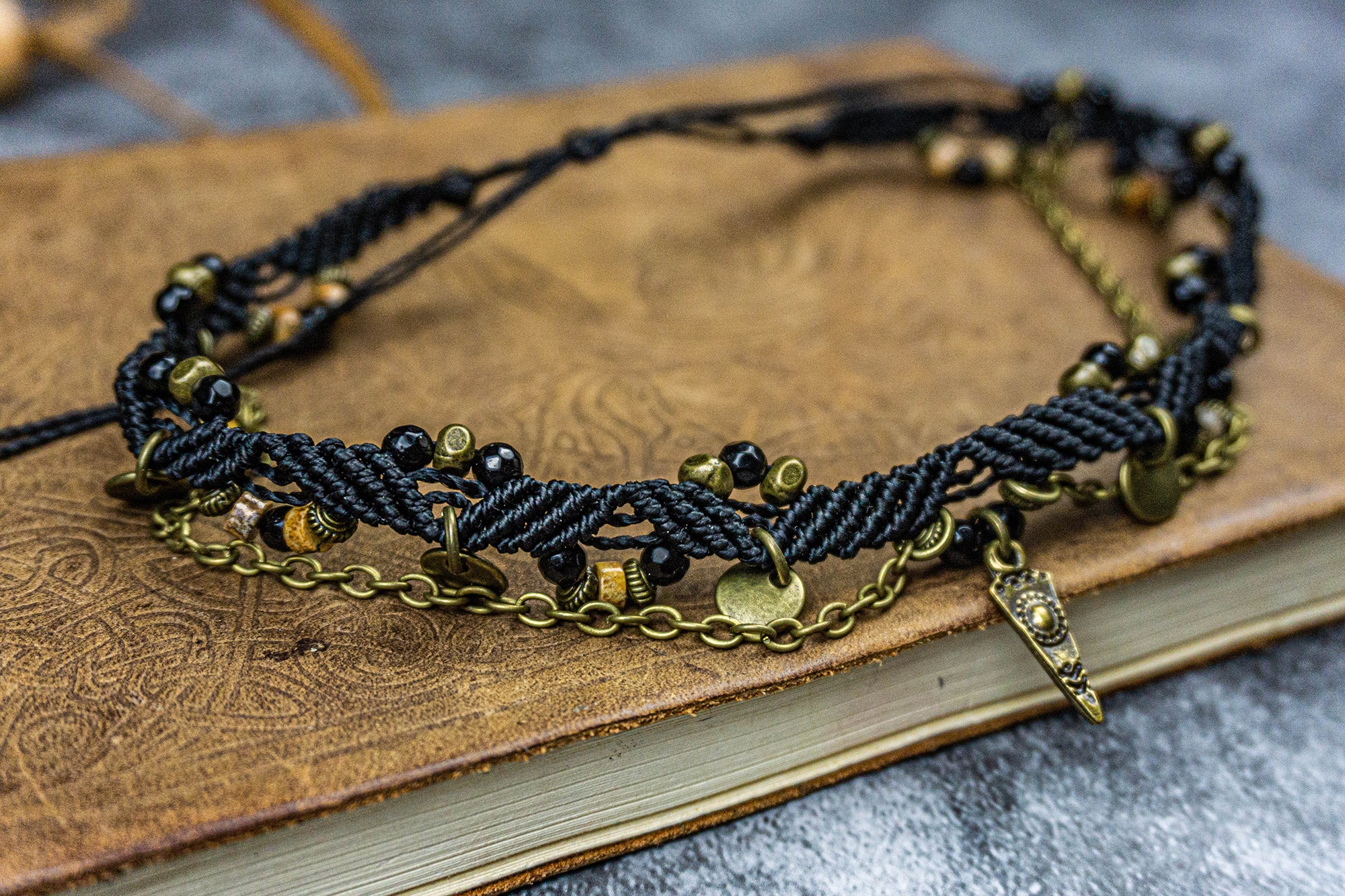 Handmade macrame choker with jasper and onyx