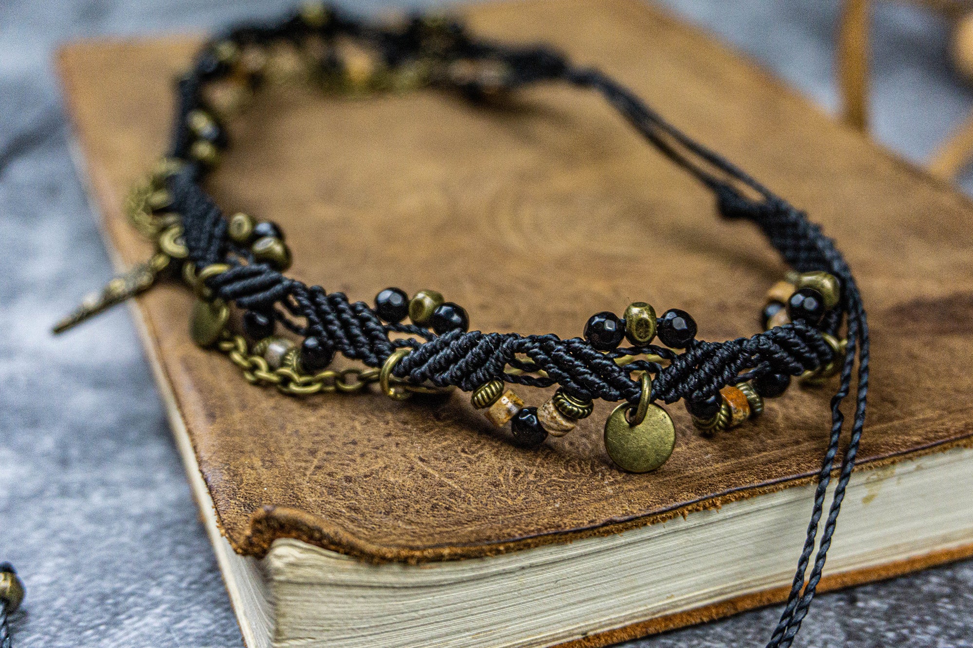 Brass charm, natural jasper and onyx gemstones