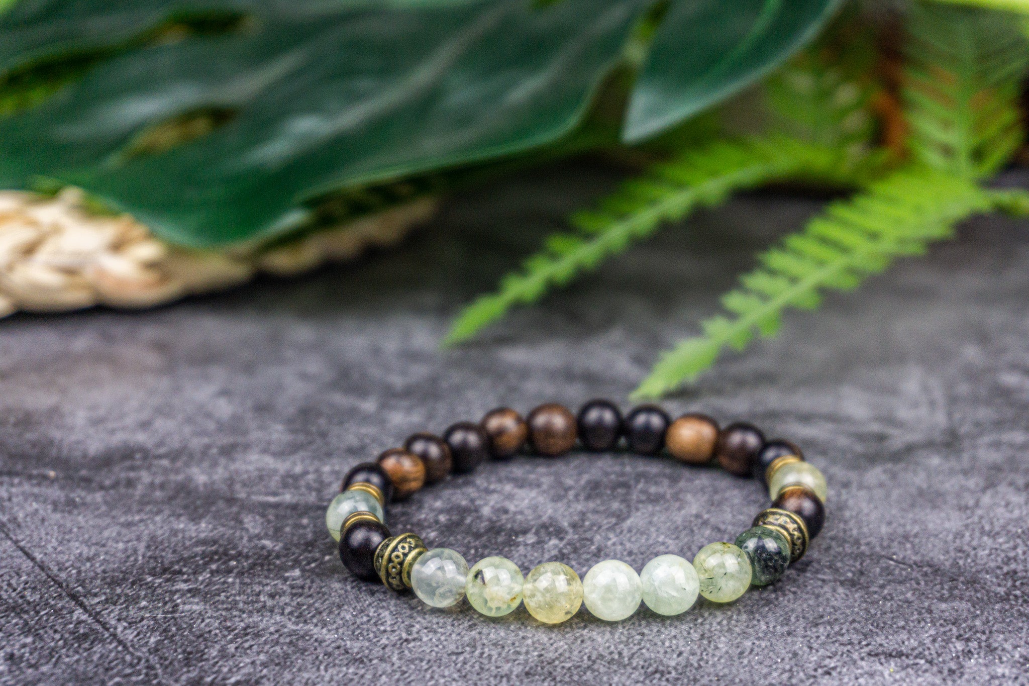 Rustic prehnite and ebony bracelet for men