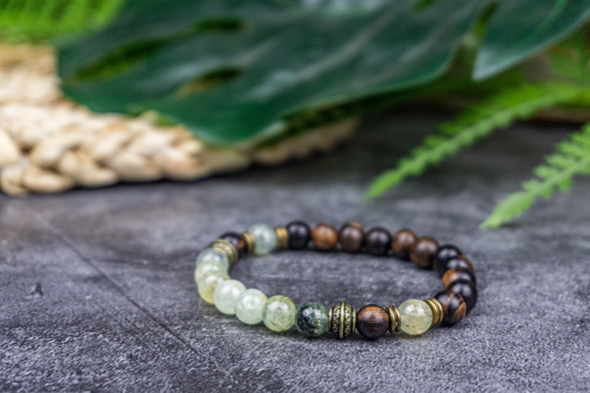 Green prehnite, ebony wood and tibetan brass beads bracelet