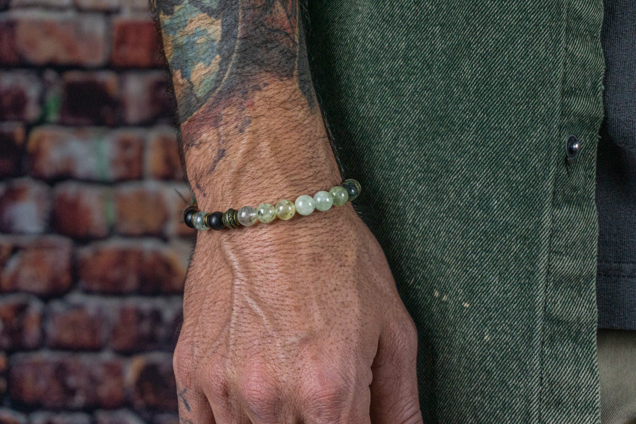 Mens prehnite gemstone beaded bracelet