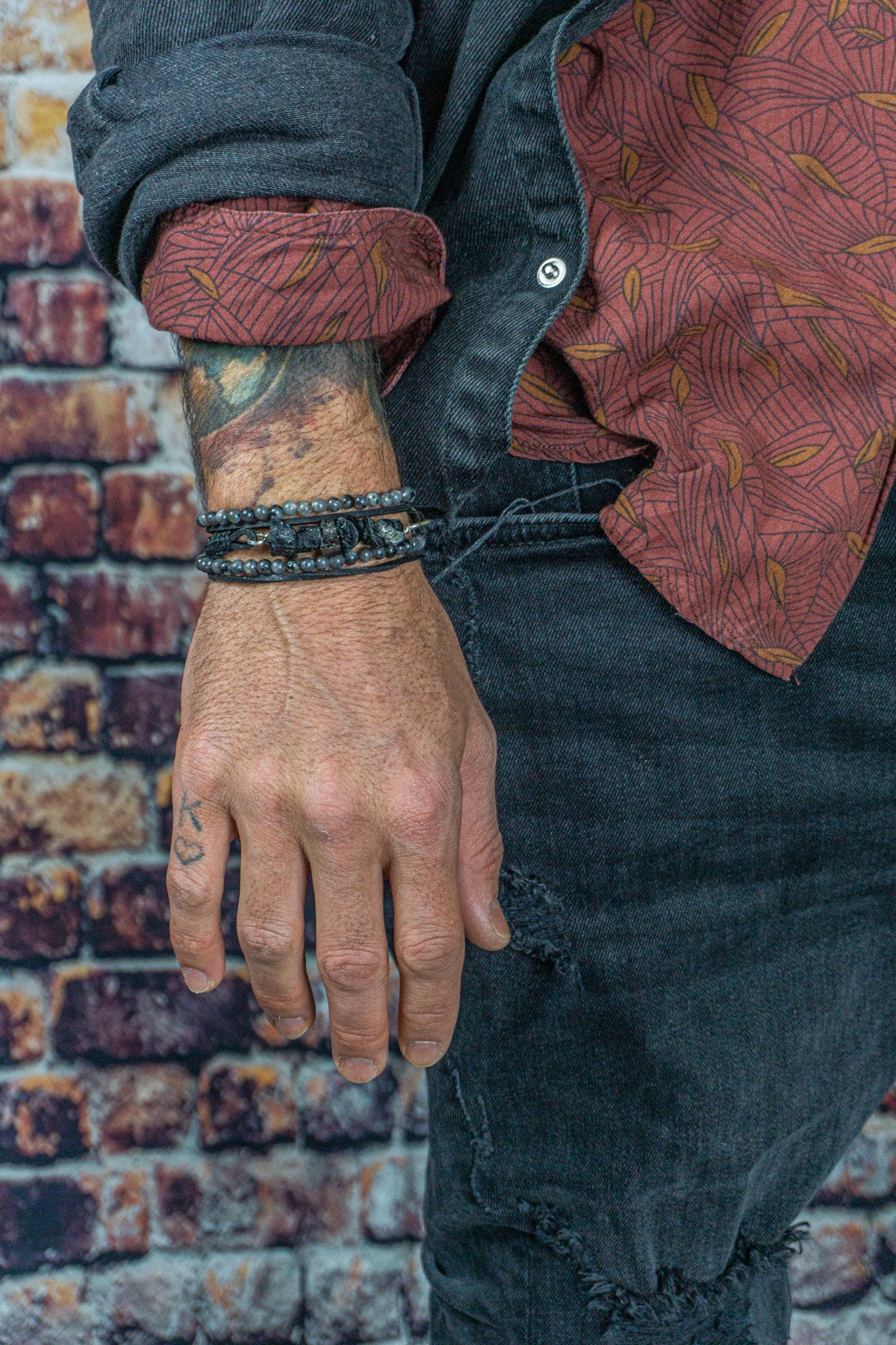 Mens leather gemstone stacking bracelet