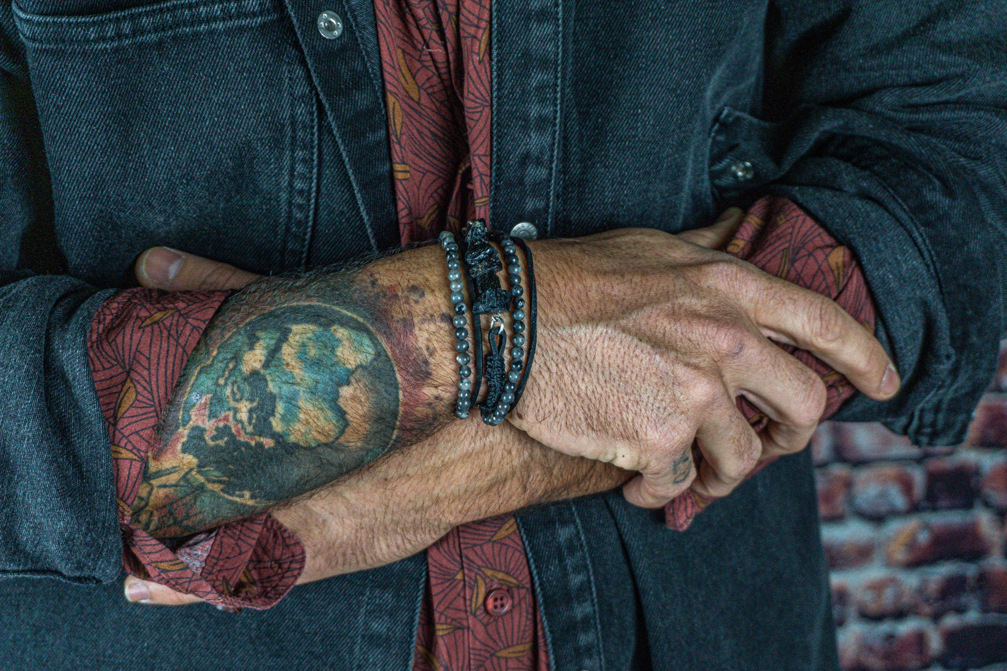 Black and gray leather bracelet for men