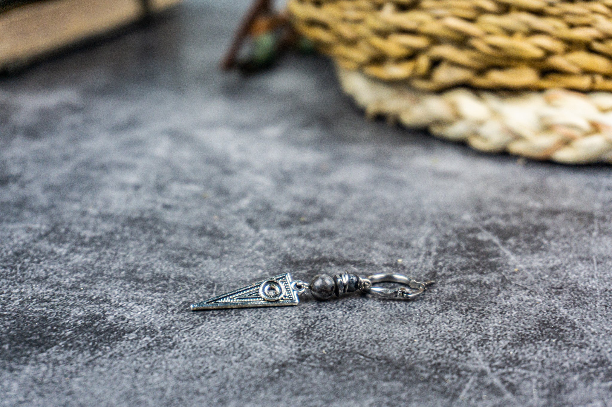 stainless steel hoop triangle earring with two labradorite gemstone beads