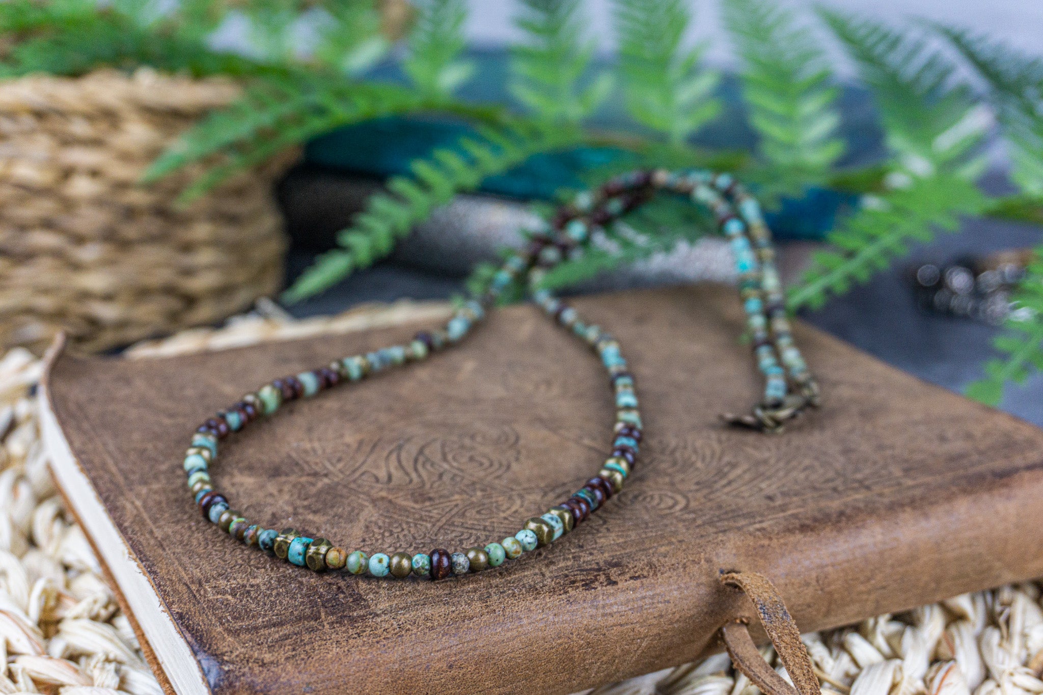 Long boho dainty green african turquoise, wood, brass beaded necklace for men