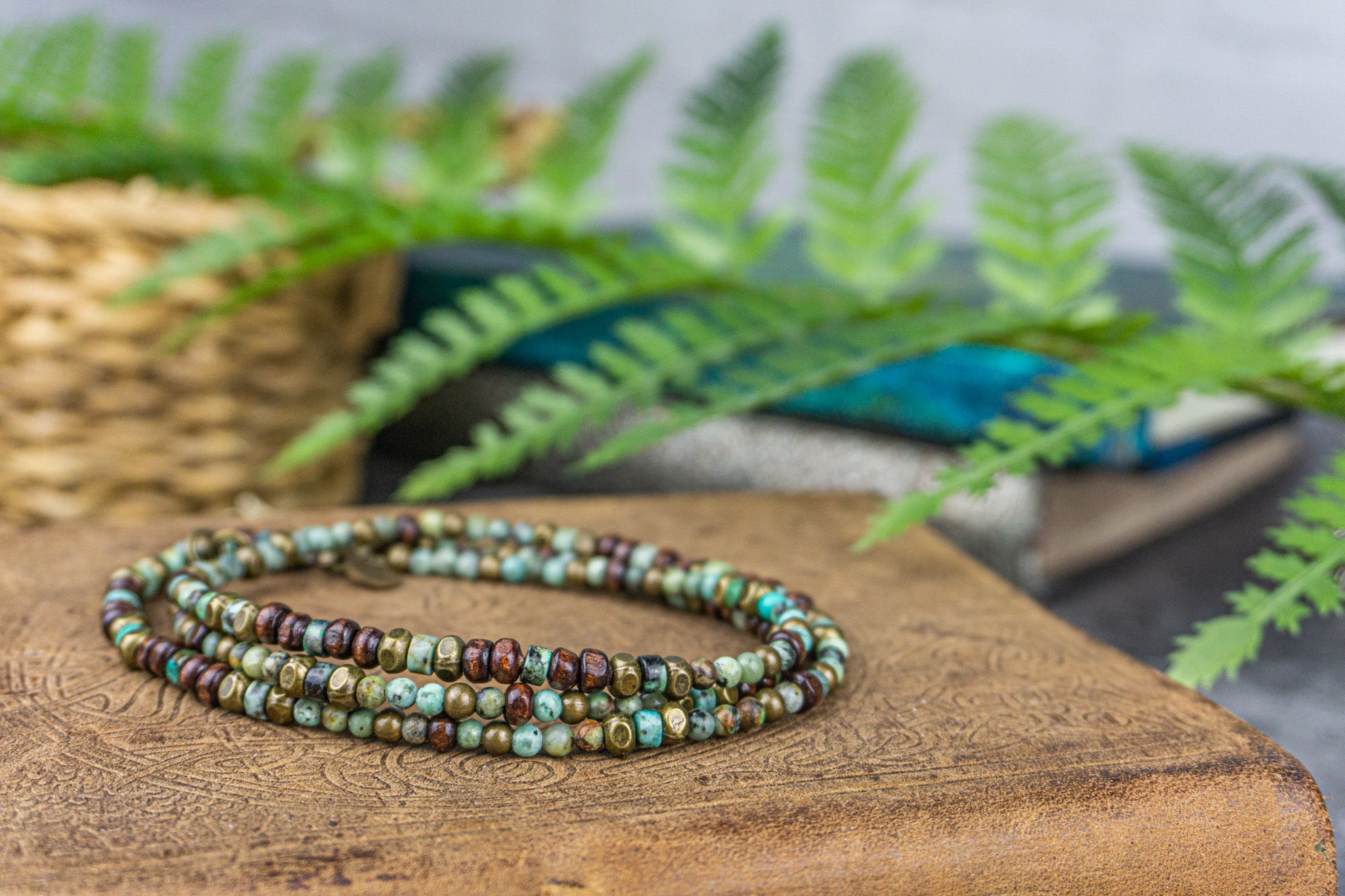 Long dainty green african turquoise, wood brass beaded boho necklace for men