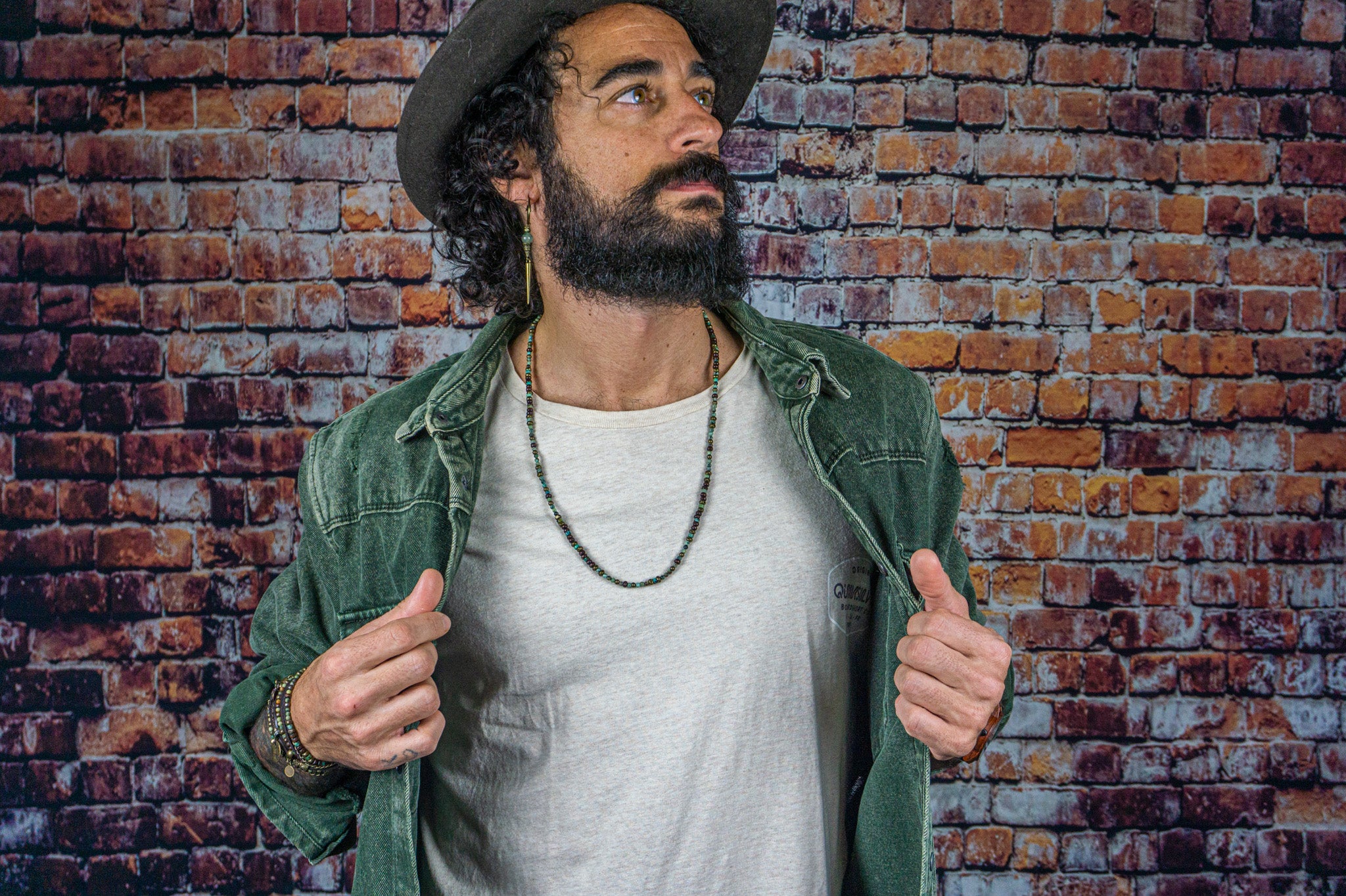 Long dainty green african turquoise, woodand brass beaded necklace for men