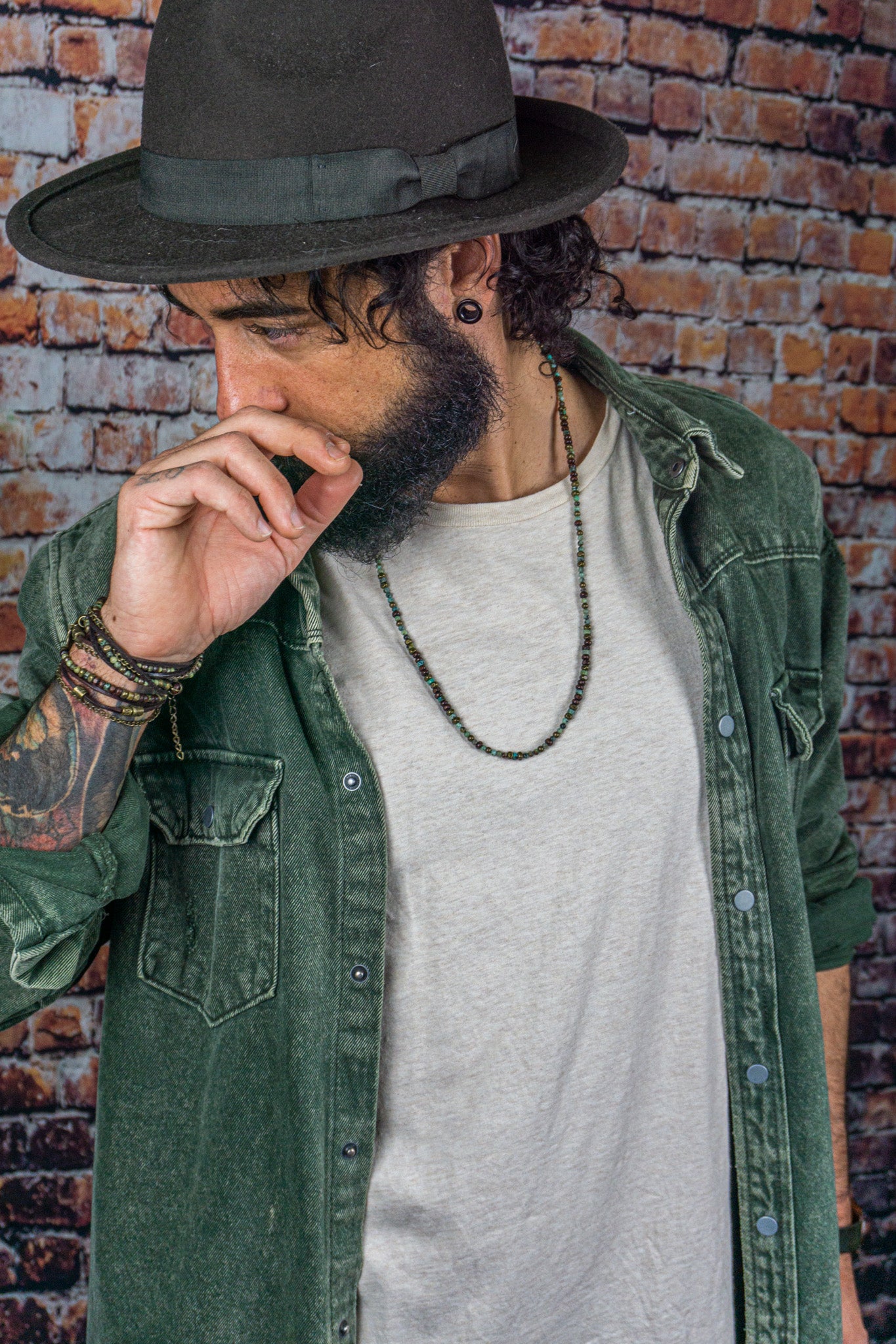 Long dainty green african turquoise, woodand brass bead necklace for men