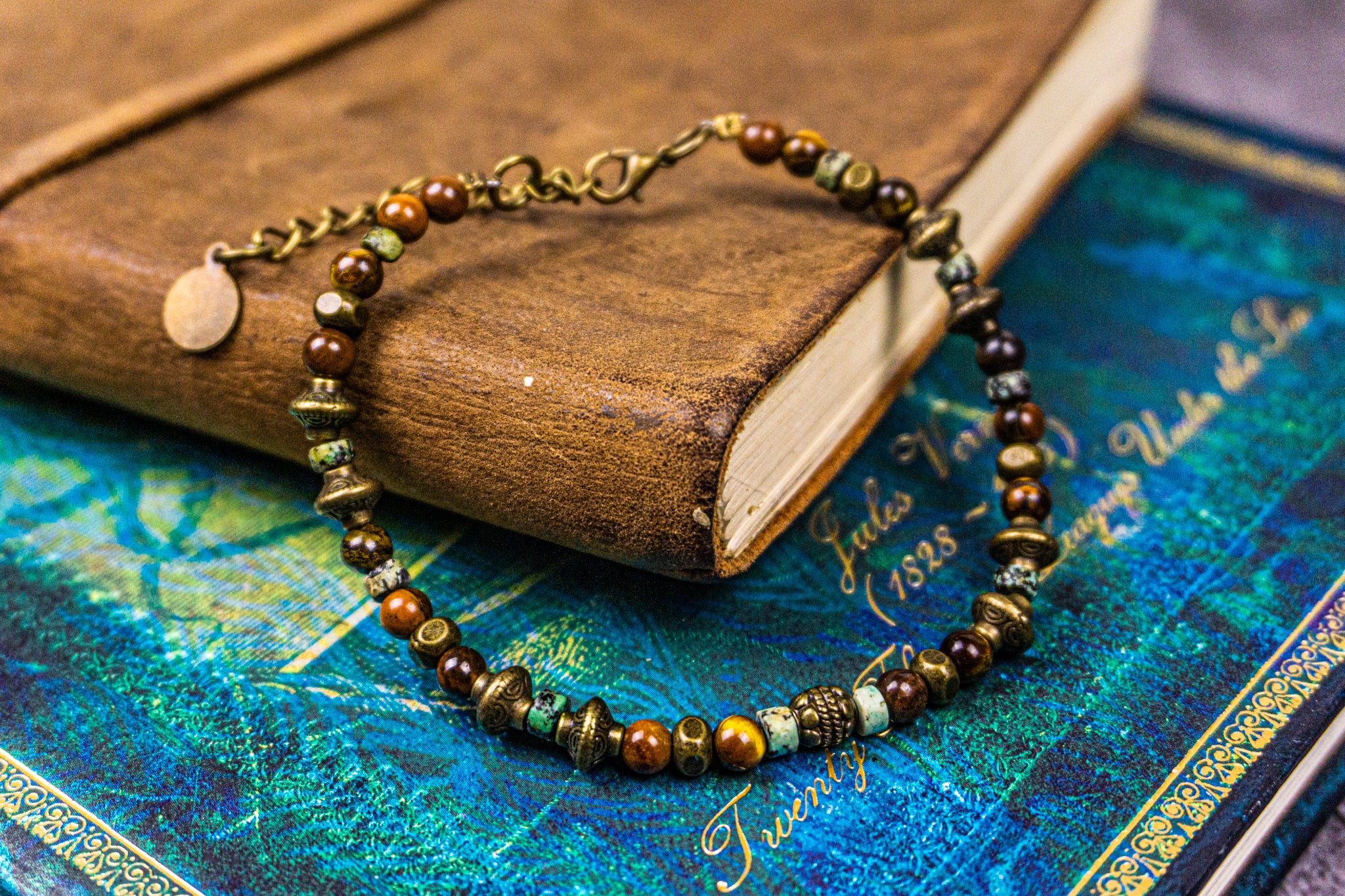 tiger eye and green jasper gemstone beads bracelet- wander jewellery