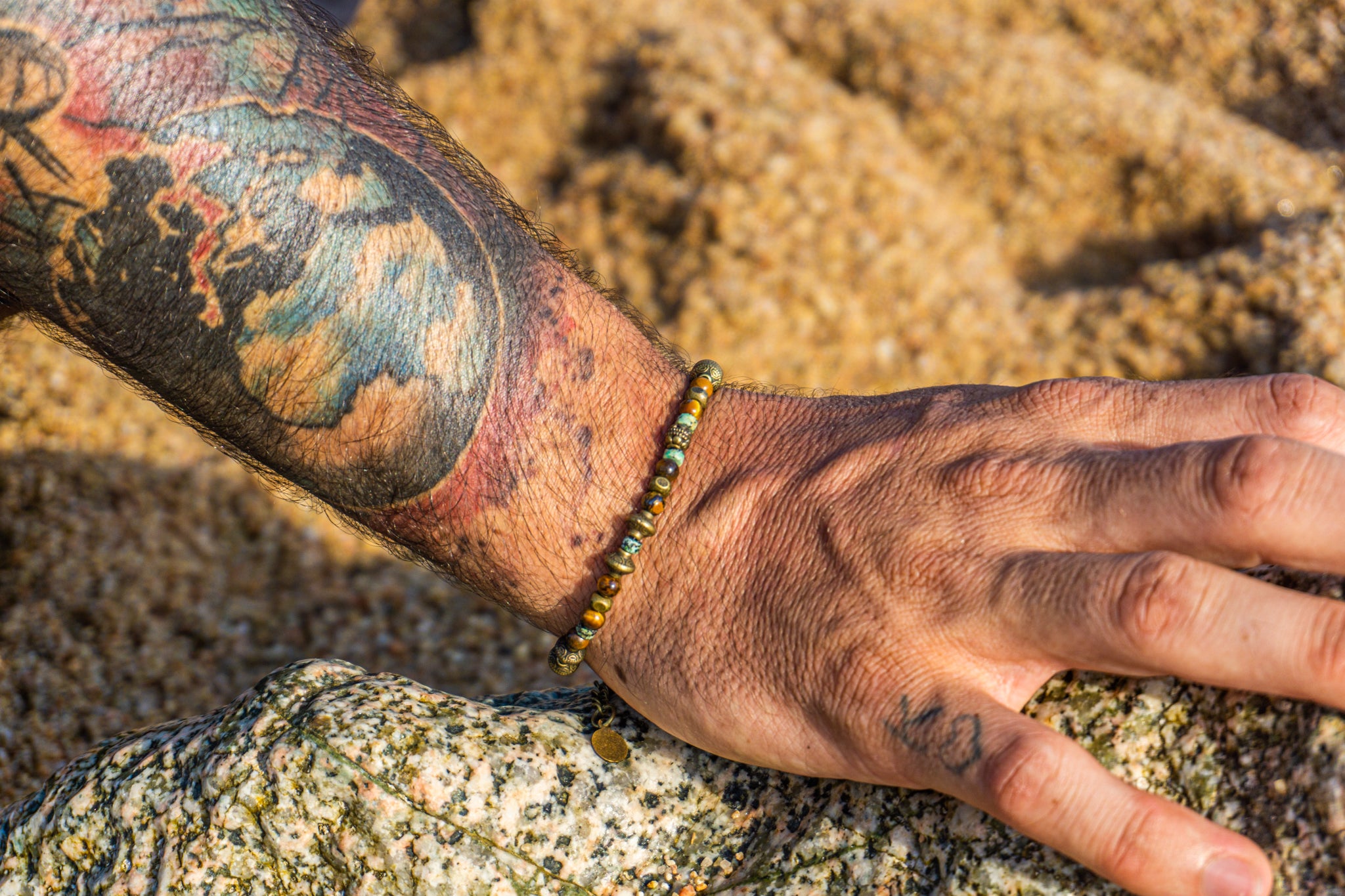 mens tiger eye and green jasper gemstone beads bracelet- wander jewellery