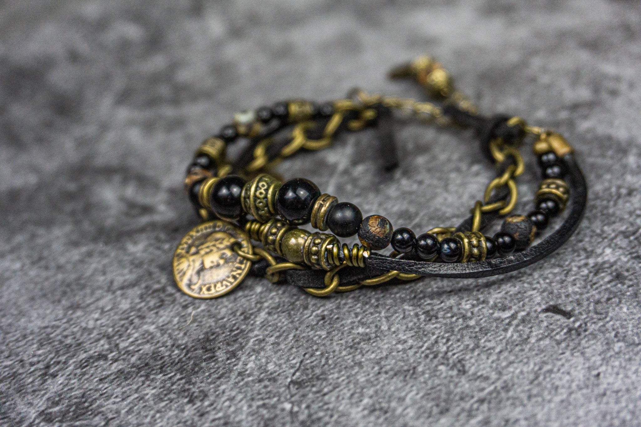 mens black and bronze boho wrap bracelet set made of black onyx and agate, leather, faux leather and bronze chain,
