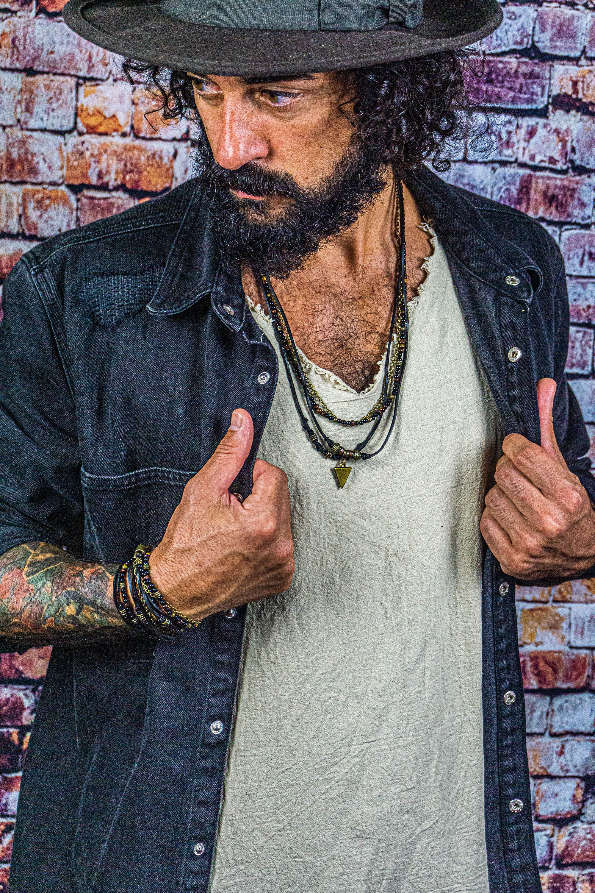 layered mens rockstar leather and gemstone necklace set