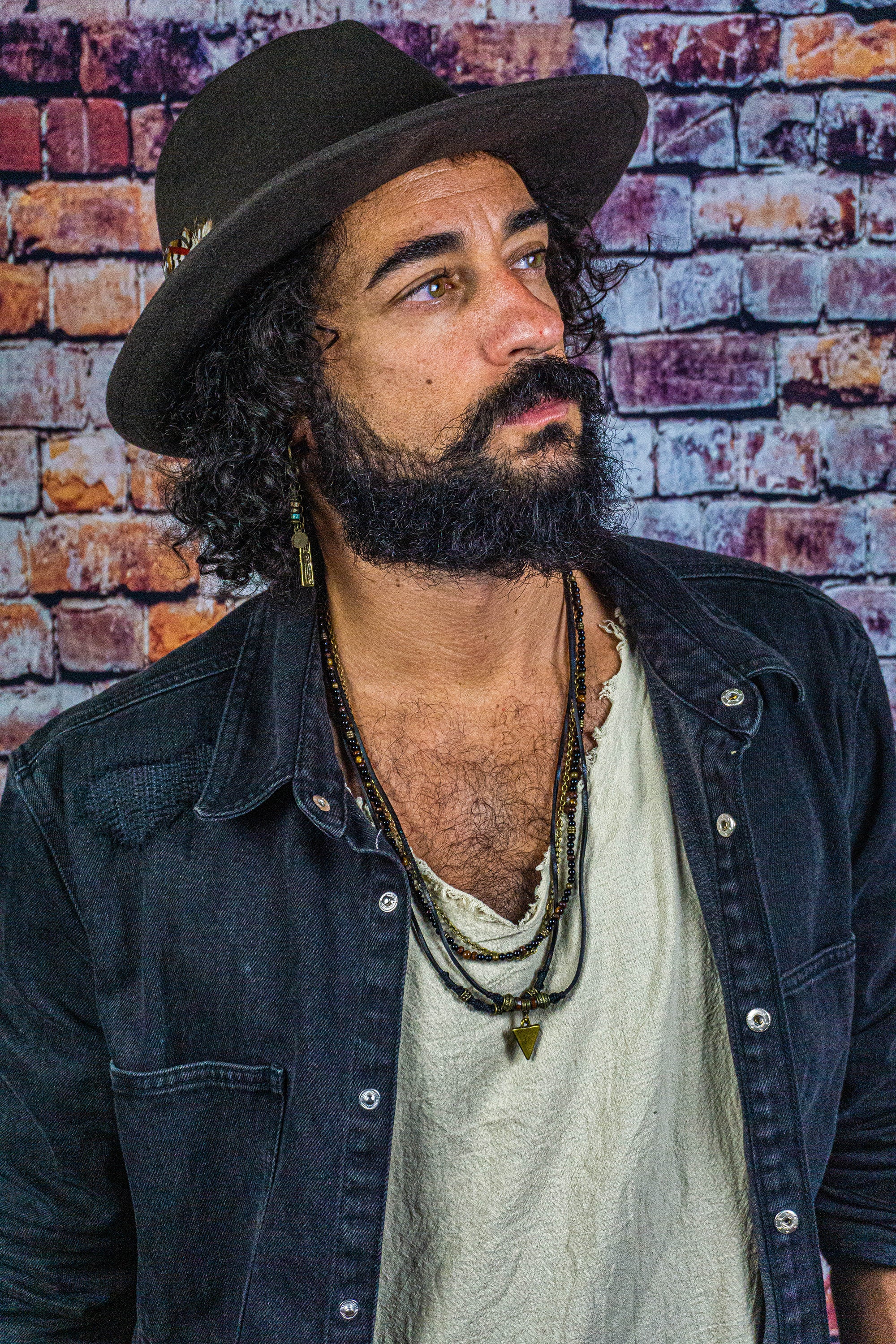 mens layered boho rockstar black leather, chain and onyx gemstone necklace set
