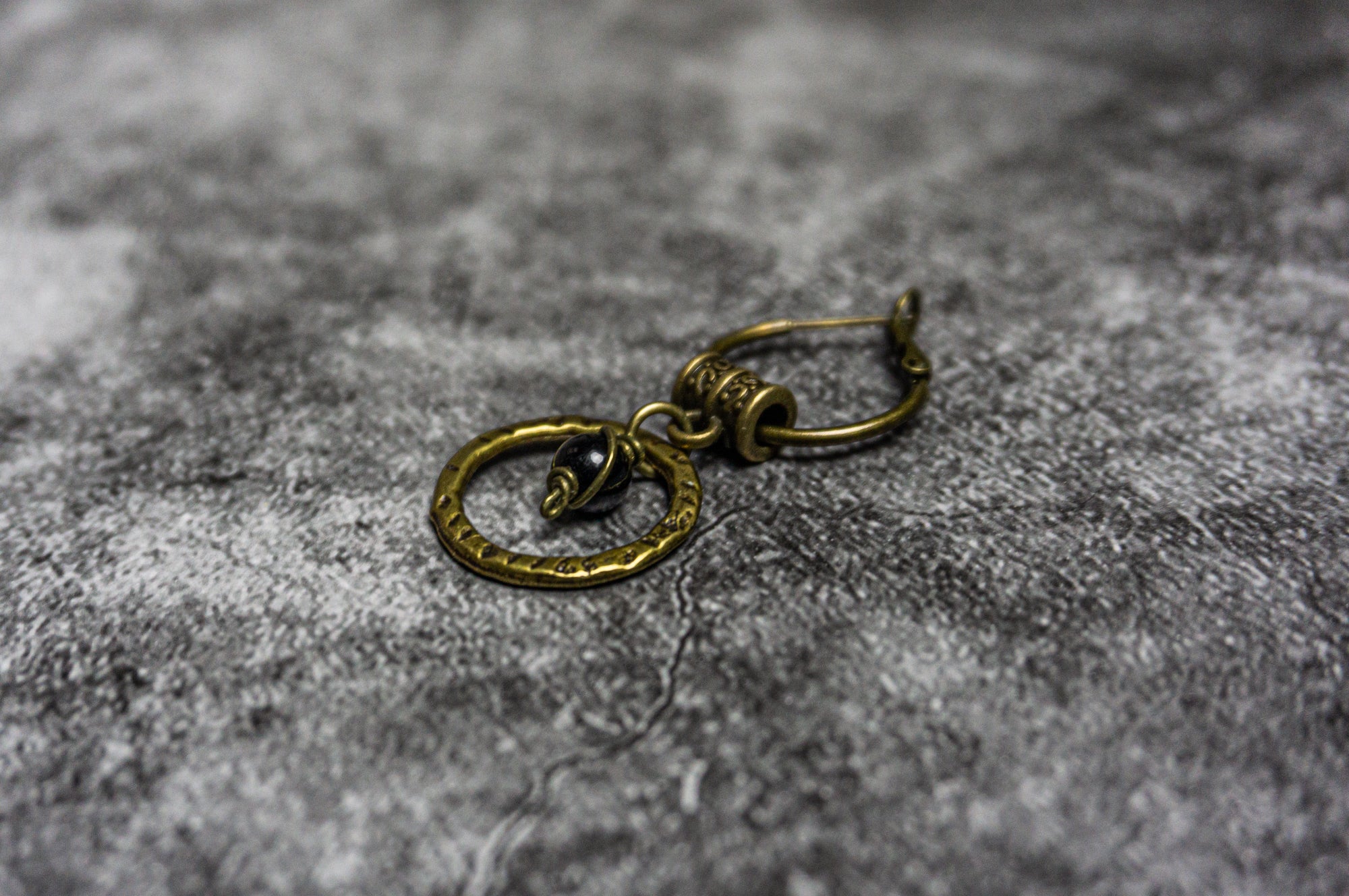Antique Bronze Dangle Hoop Pirate Earring For Men with Black Pearl Onyx Gemstone