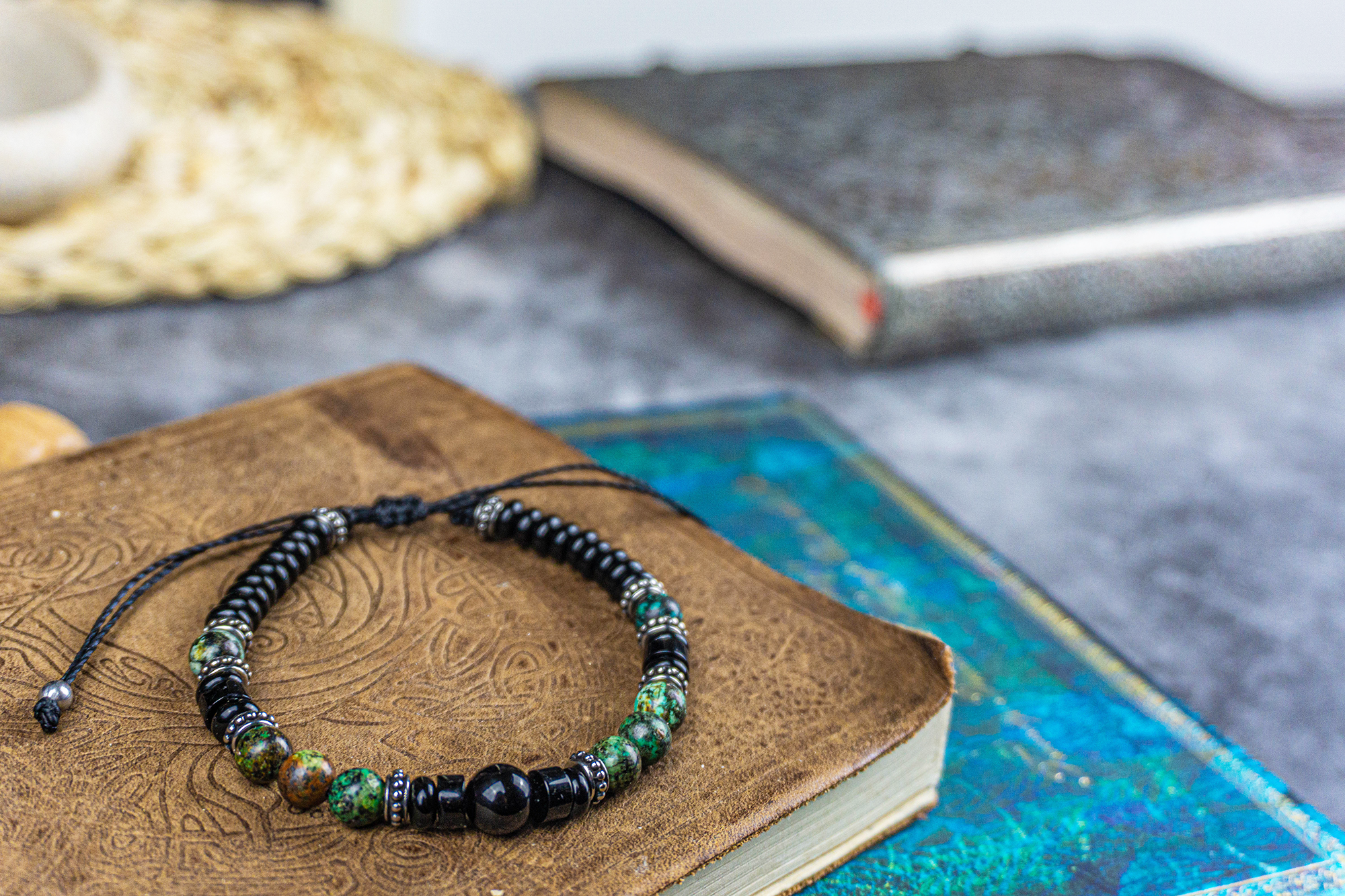 black onyx and green african turquoise beaded bracelet men
