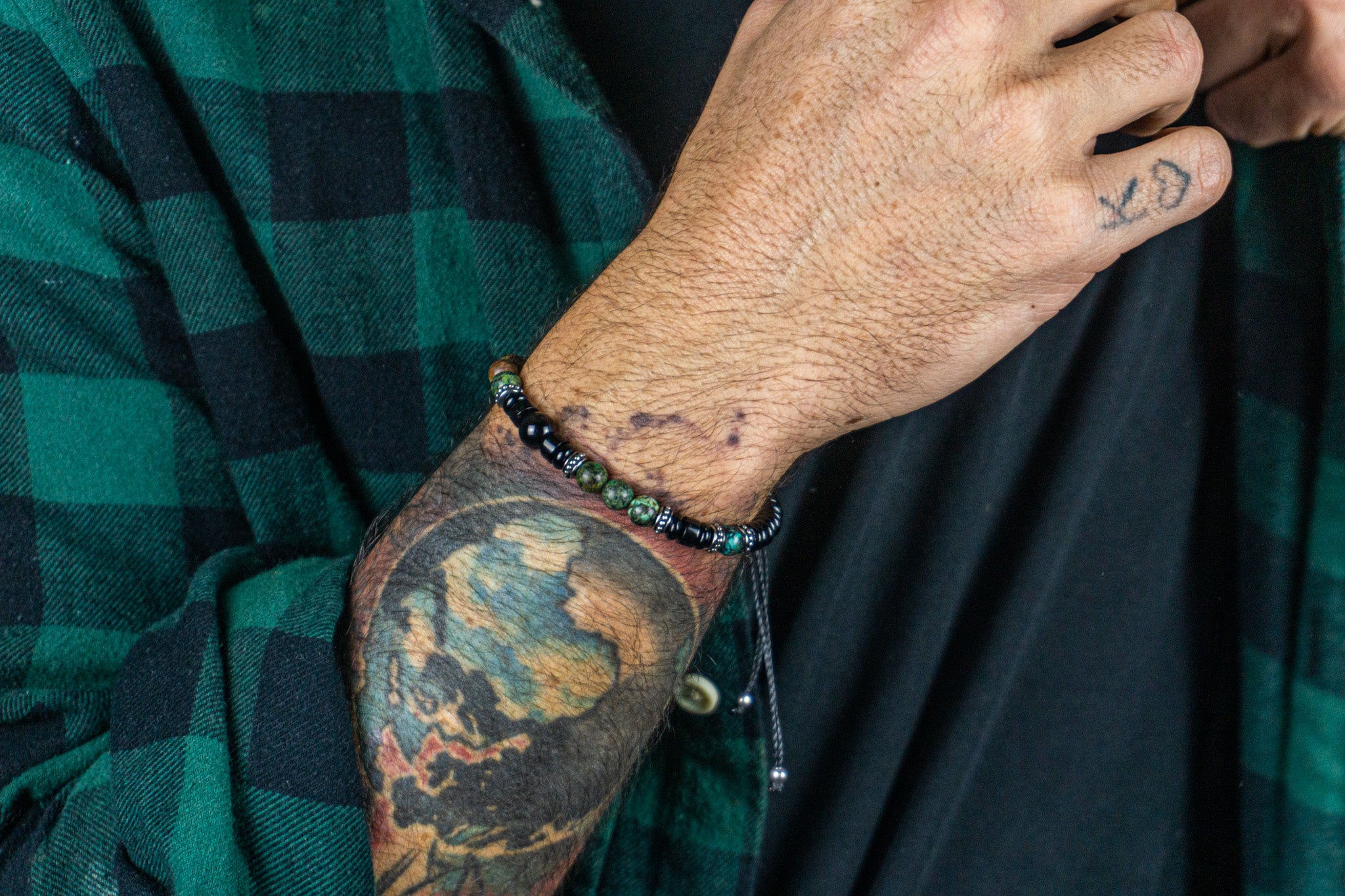 black onyx and green turquoise beaded bracelet for men
